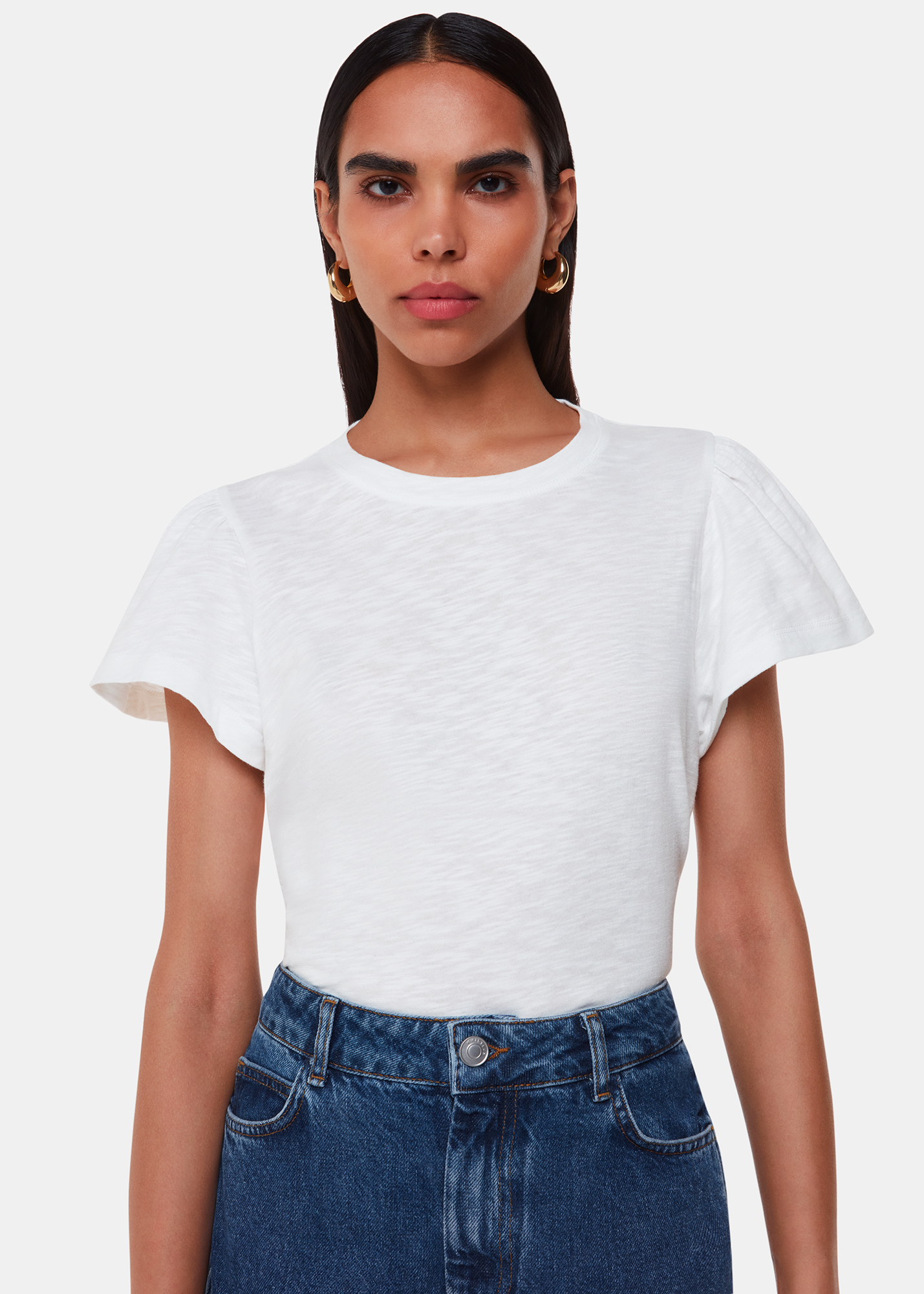 Whistles Women's White Cotton Frill Sleeve T Shirt Size XL