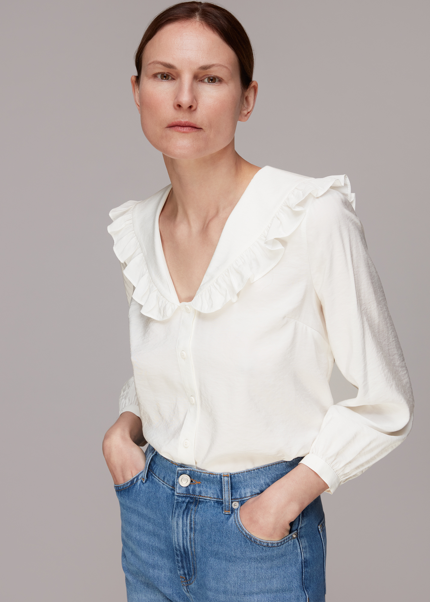 Whistles Women's White Lenny Frill Collar Detail Top Size 18