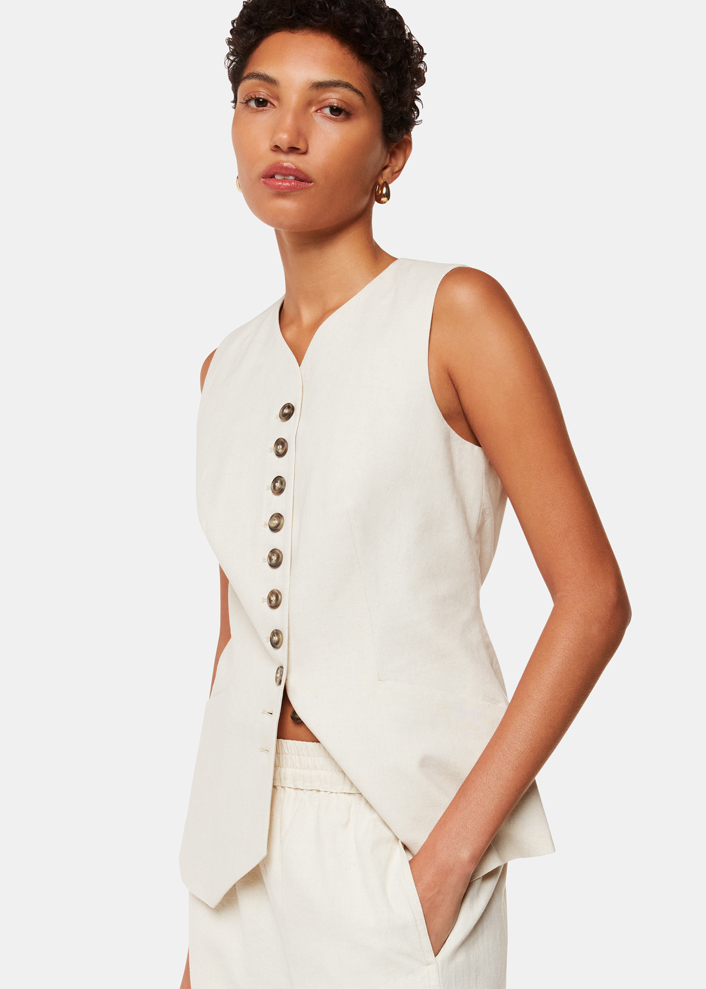 Whistles Women's Oatmeal Lindsey Linen Blend Waistcoat Size 18