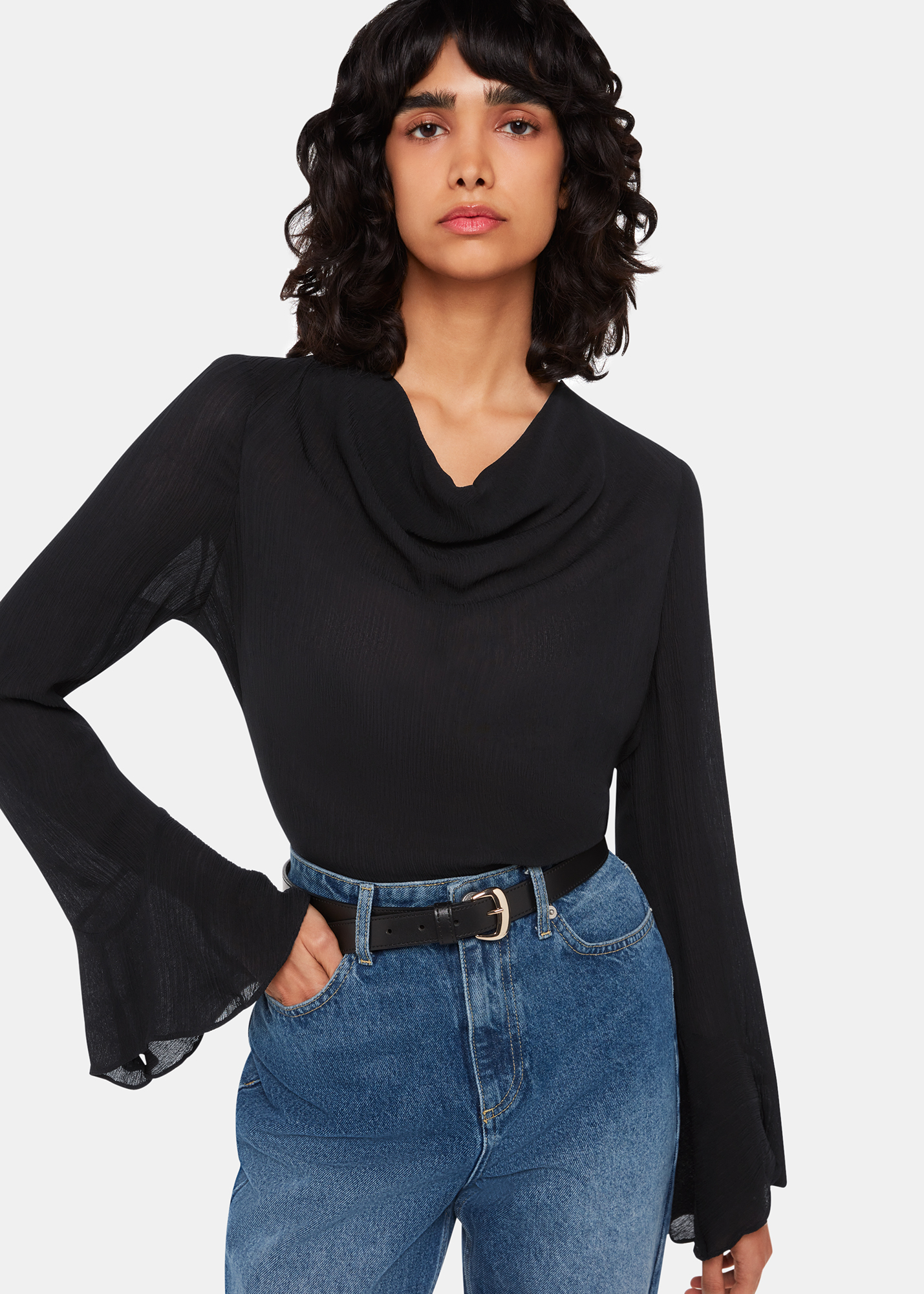 Whistles Women's Black Pia Plisse Cowl Neck Top Size 6