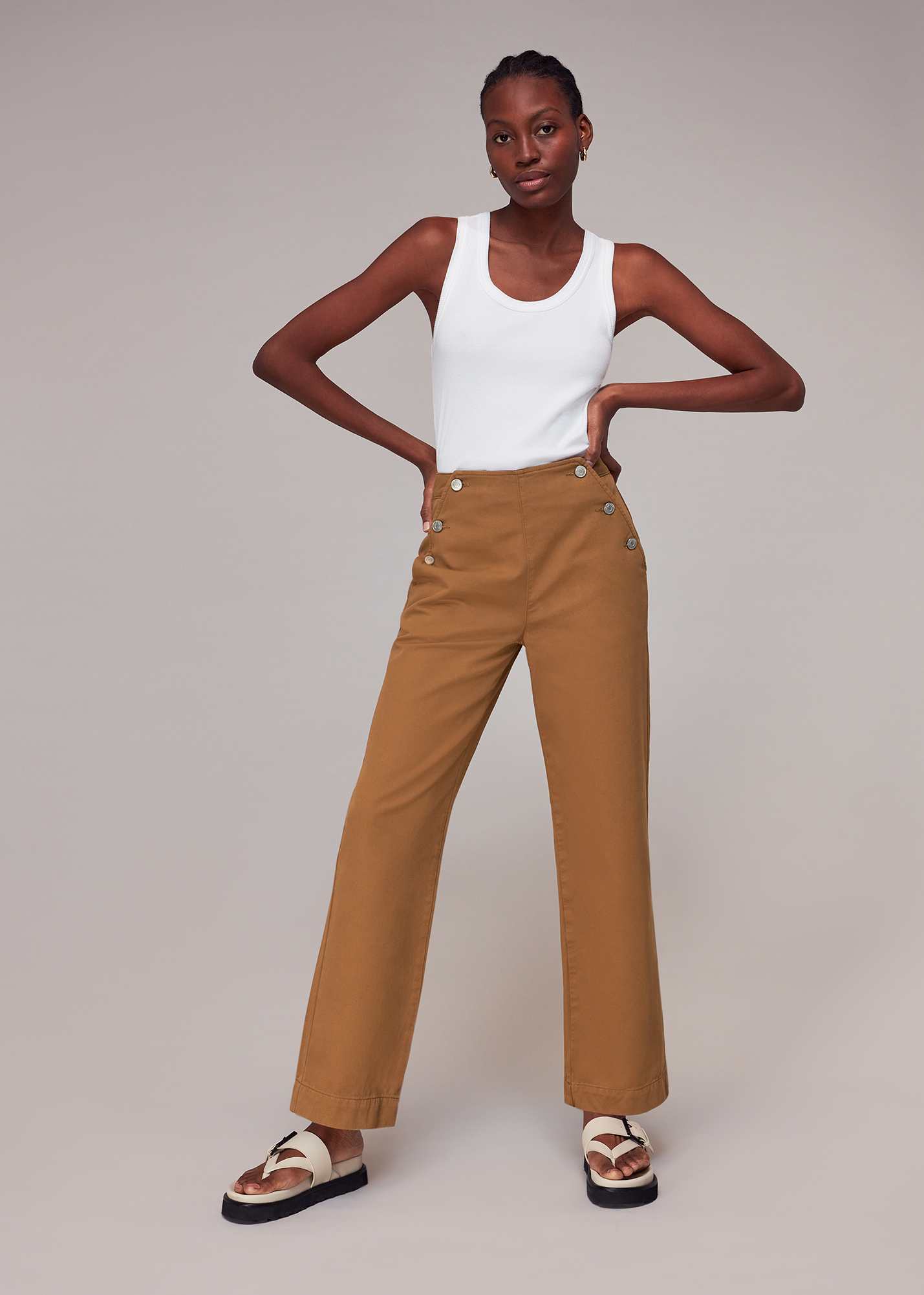 Whistles Women's Neutral Emily Button Front Trousers Size 18