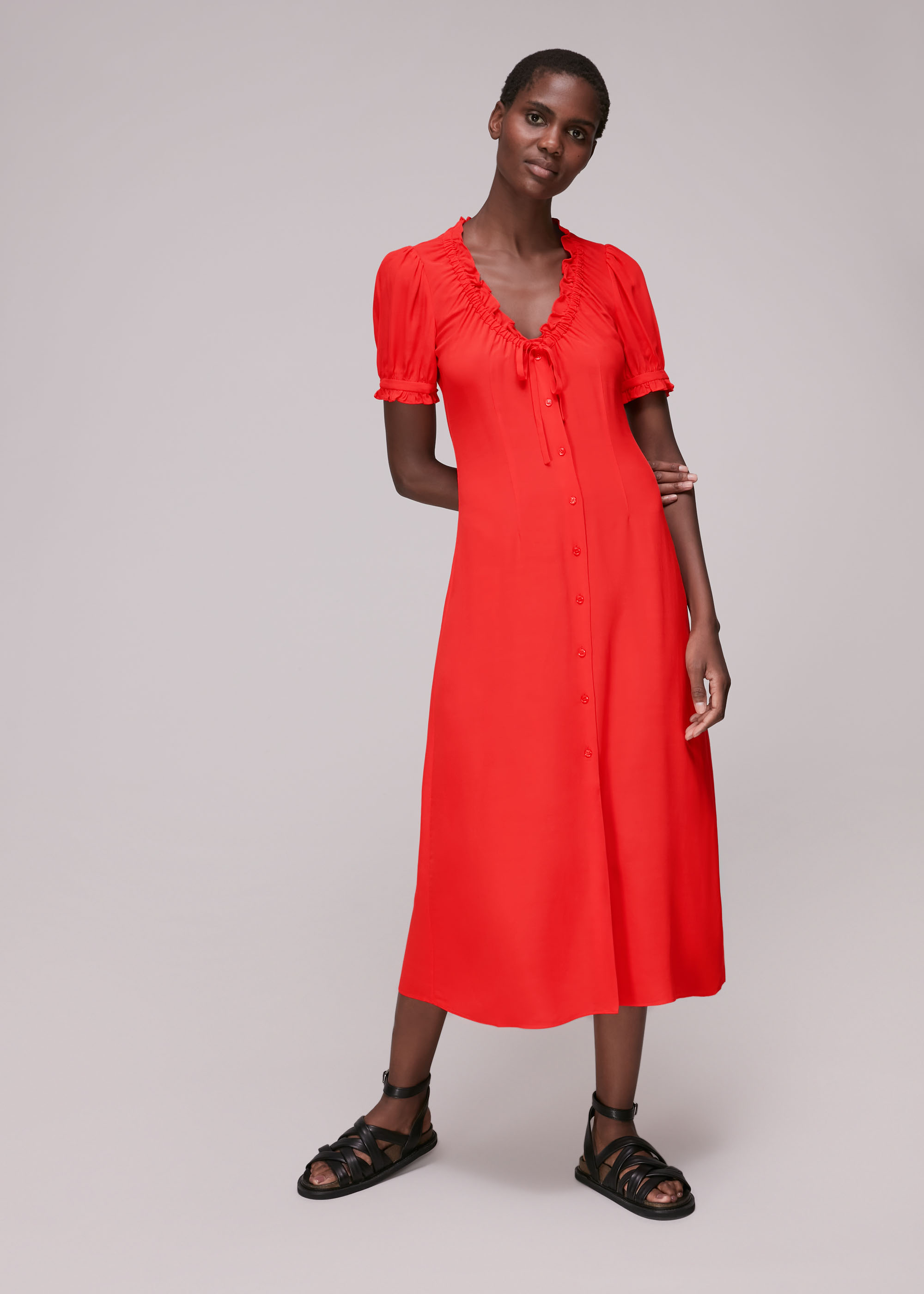Whistles Women's Red Ada Ruched Detail Midi Dress Size 6