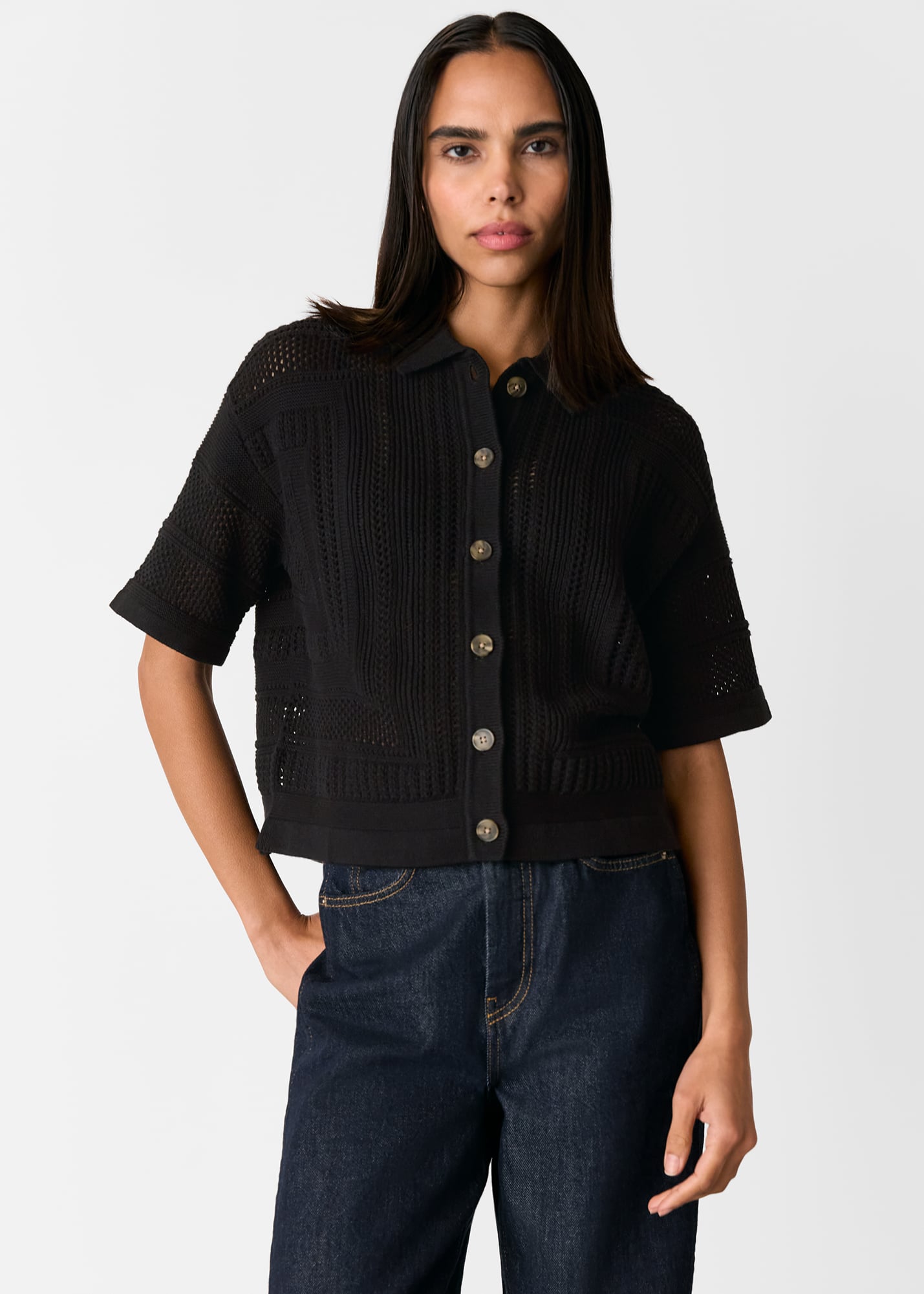 Whistles Women's Black Crochet Knitted Shirt Size XL