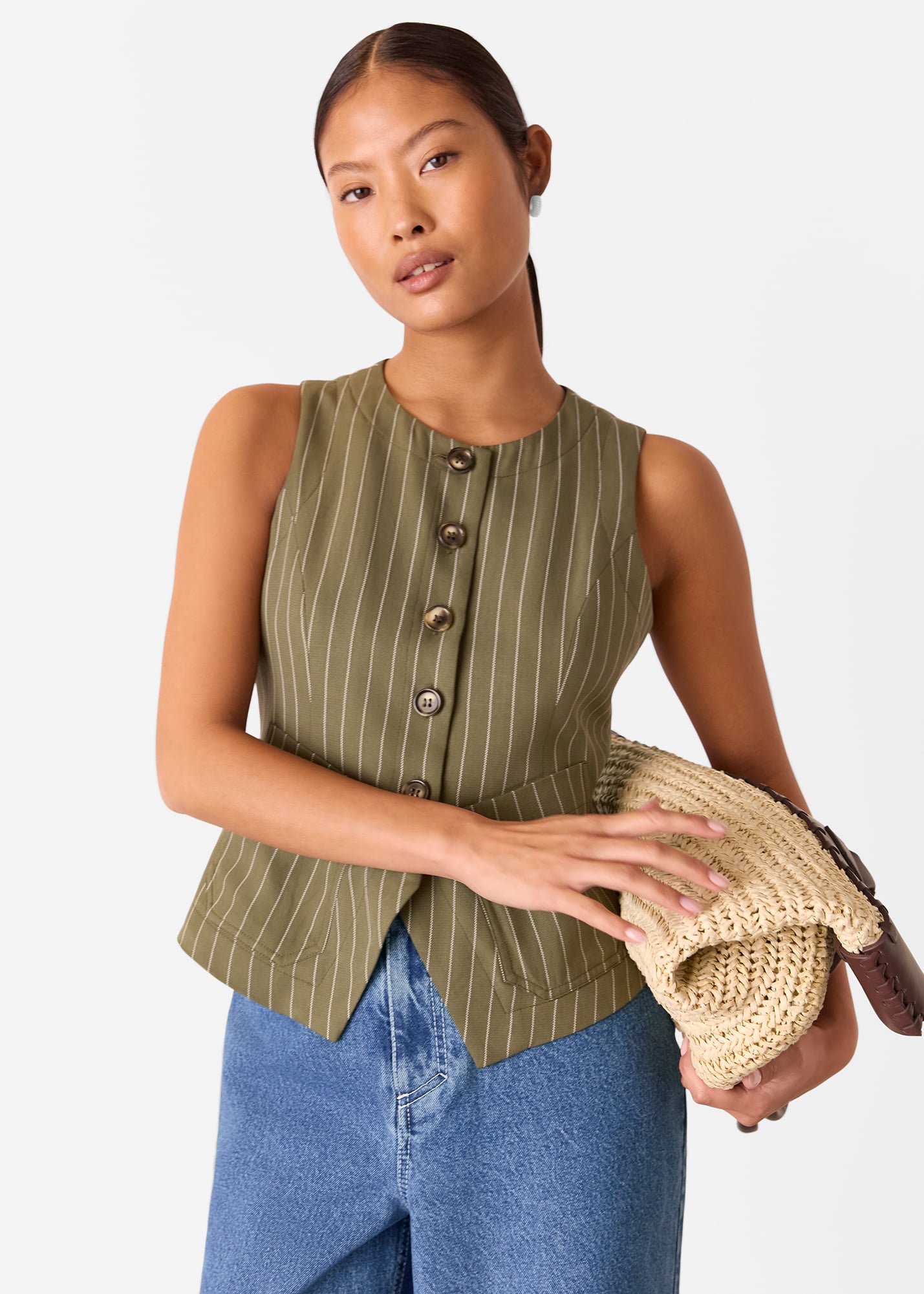 Whistles Women's Khaki/Multi Petite Lottie Pinstripe Waistcoat Size 18