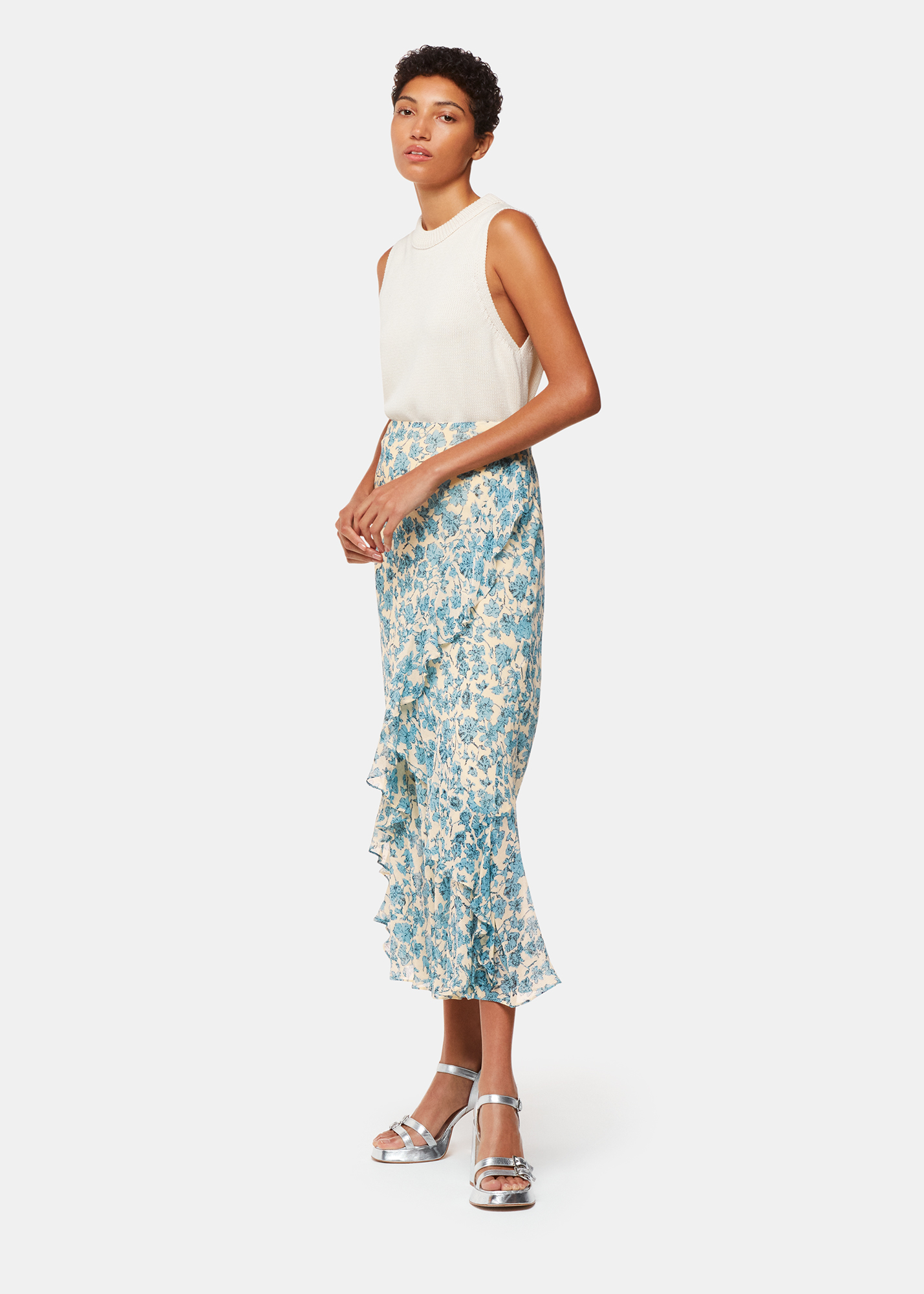 Whistles Women's Blue/Multi Shaded Floral Midi Skirt Size 4