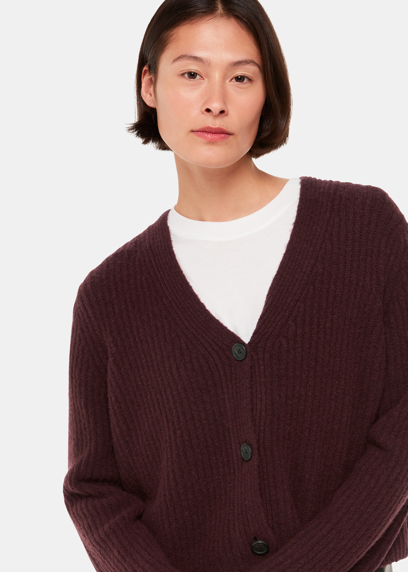 Whistles Women's Burgundy Wool Mix Rib Cardigan Size L