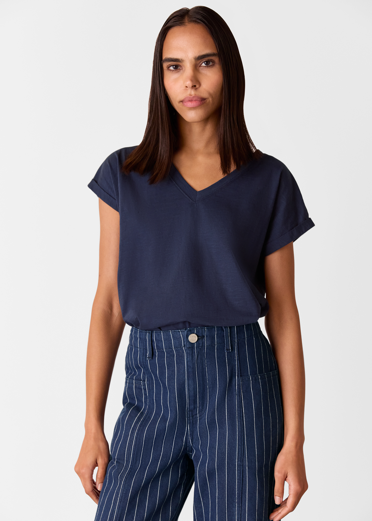 Whistles Women's Navy Willa V-Neck Cap Sleeve Tee Size L