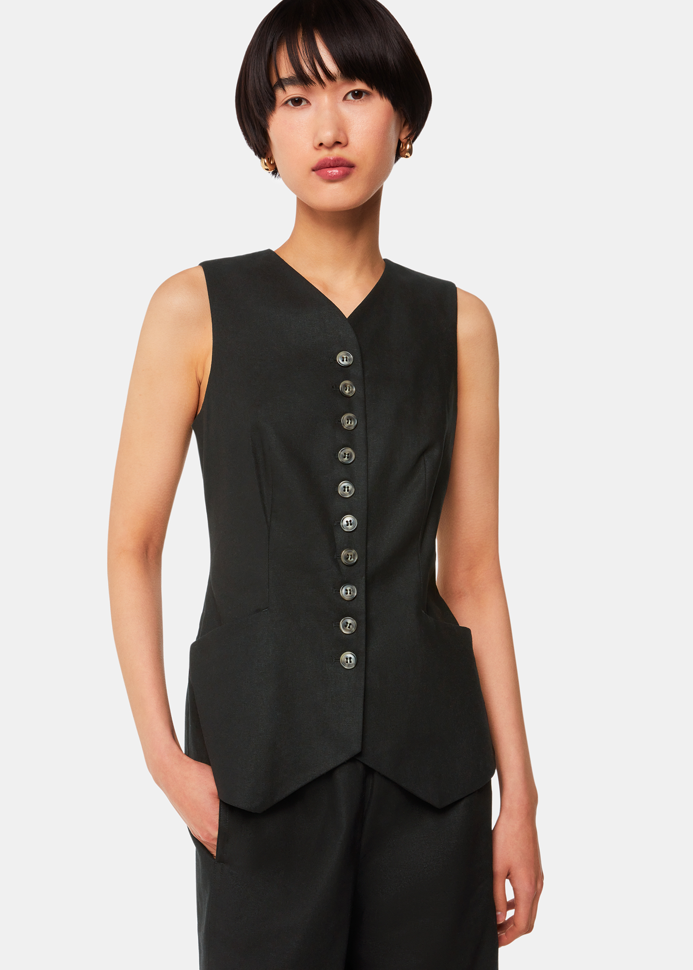 Whistles Women's Black Lindsey Linen Blend Waistcoat Size 16