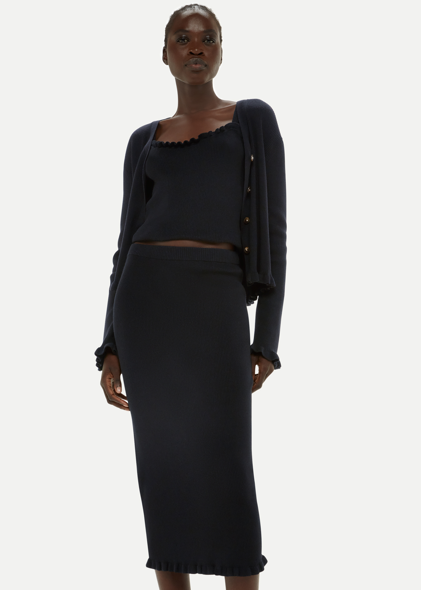 Whistles Women's Black Frill Hem Knitted Midi Skirt Size 18