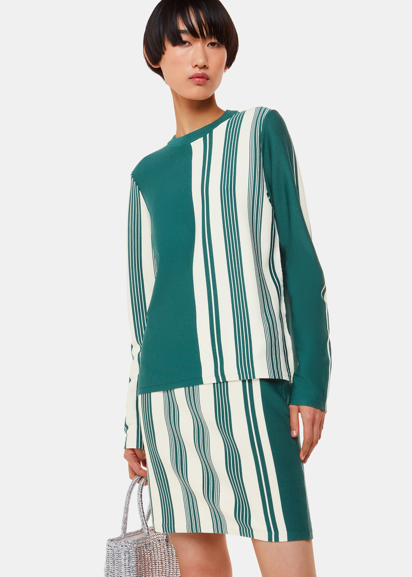Whistles Women's Green/Multi Vertical Stripe Knitted Skirt Size 18
