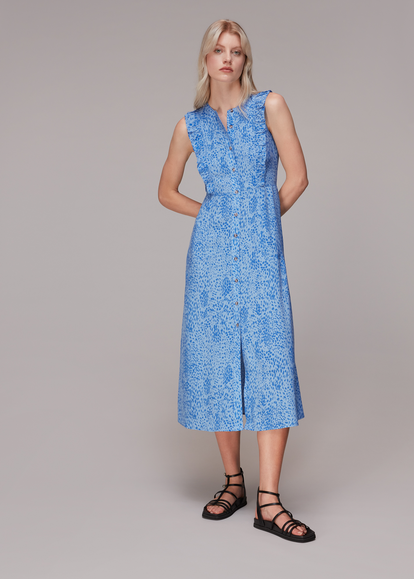 Whistles Women's Blue/Multi Lively Animal Frill Midi Dress Size 18