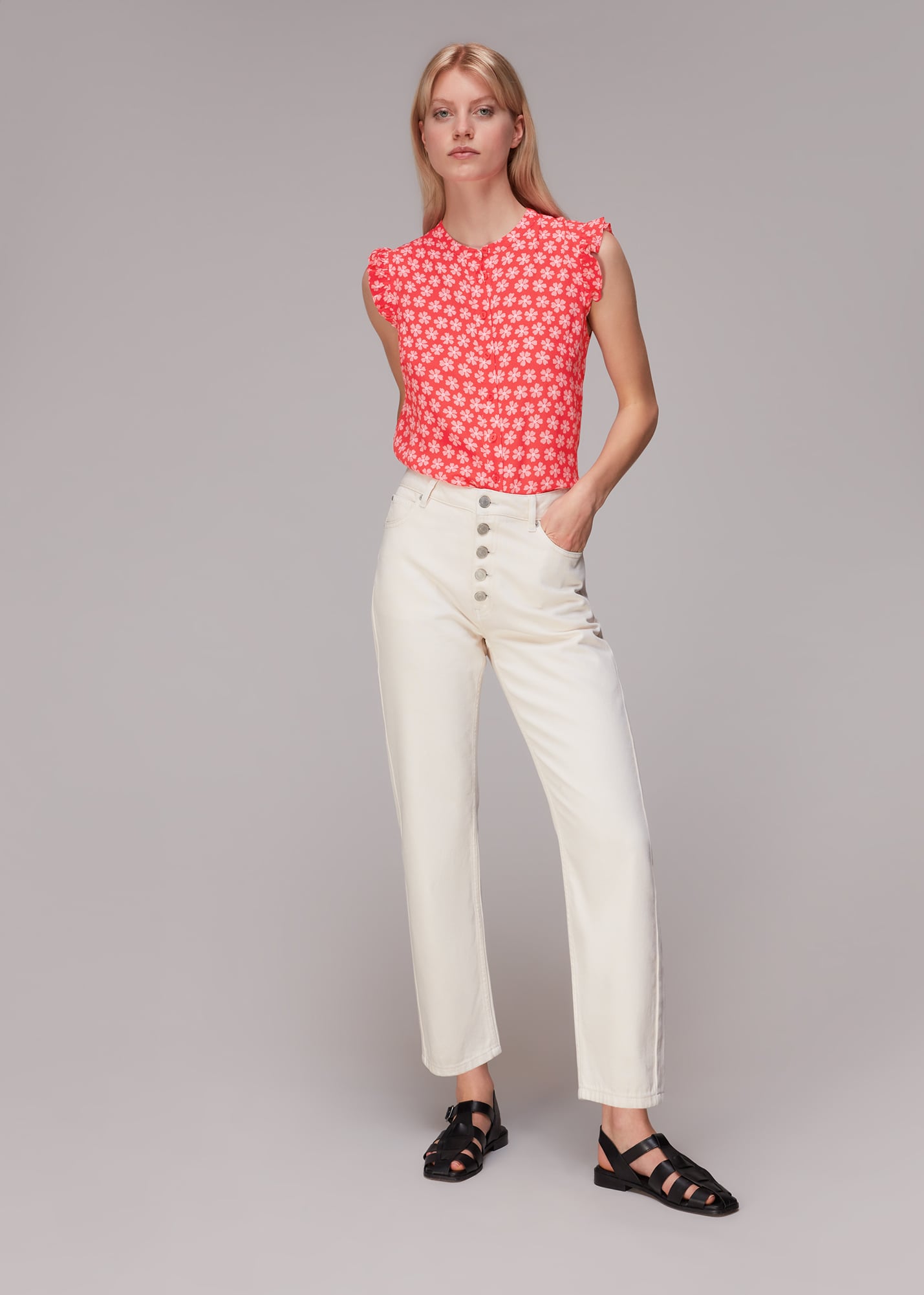 Whistles Women's Red/Multi Daisy Check Frill Blouse Size 16