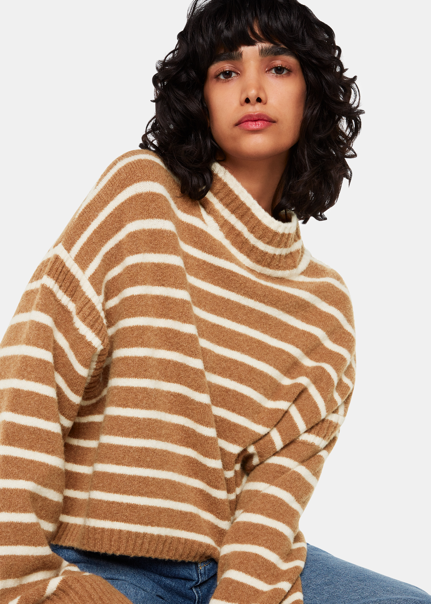 Whistles Women's Cream/Multi Stripe Rib Detail Funnel Knit Size L