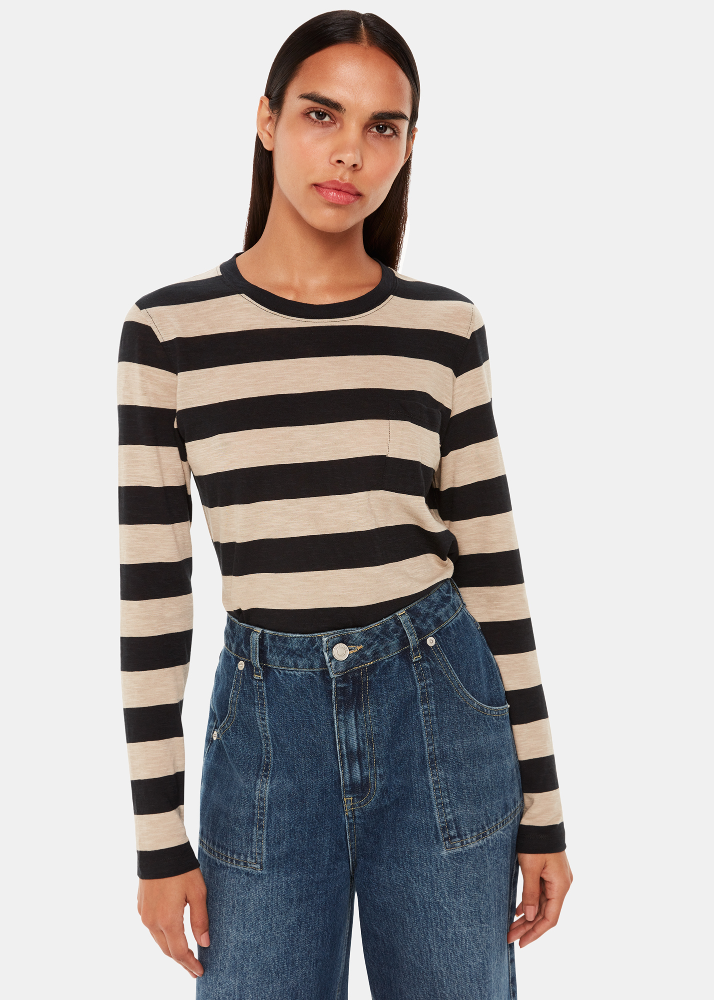 Whistles Women's Black/Multi Stripe Crew Neck Pocket Top Size 4