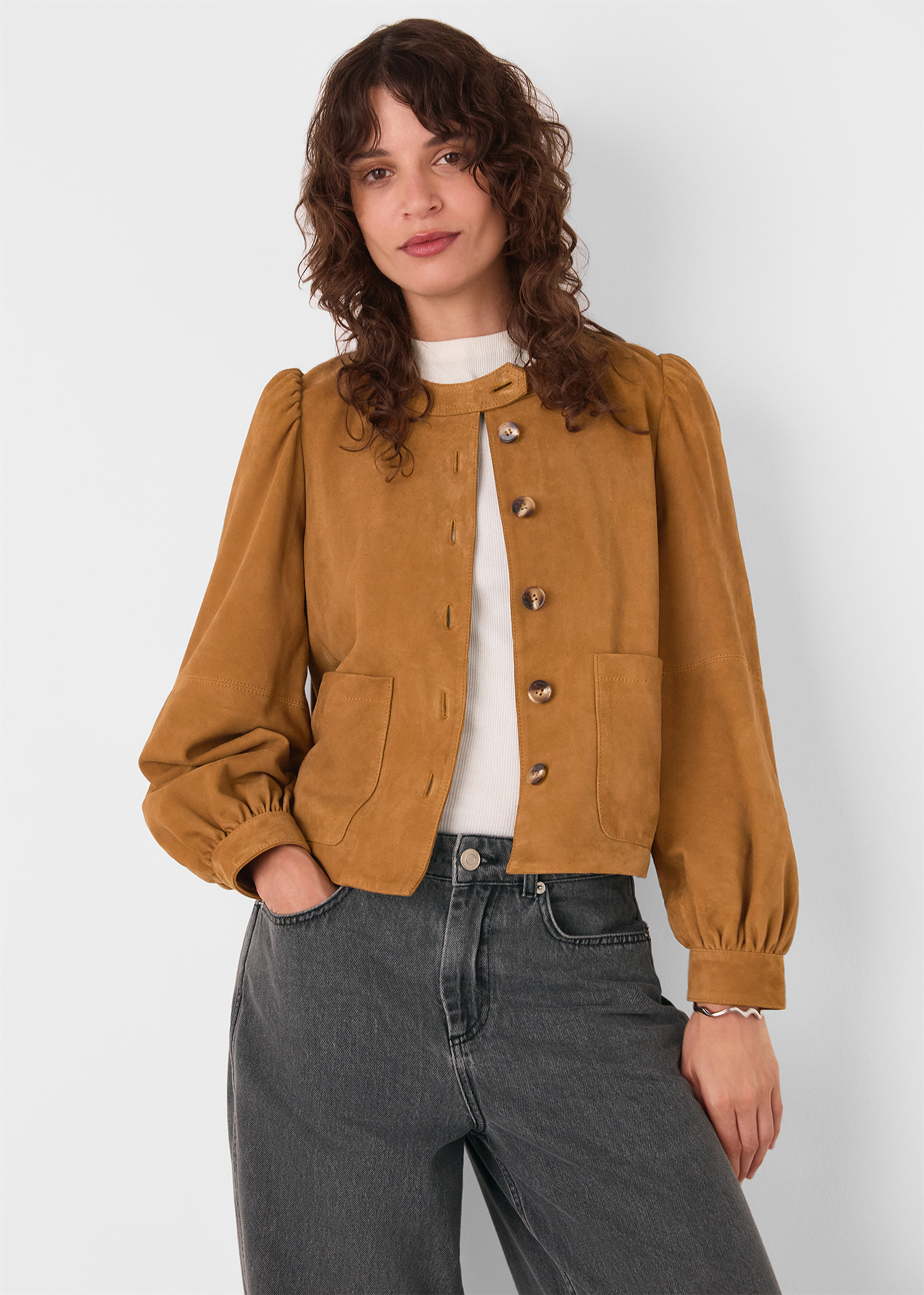 Whistles Women's Camel Button Front Suede Jacket Size 20
