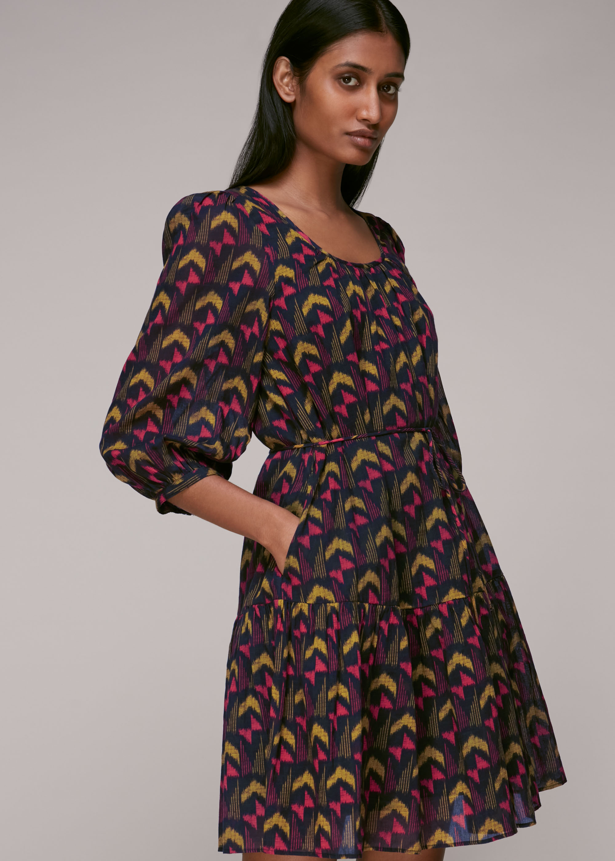 Whistles Women's Black/Multi Geometric Ikat Trapeze Dress Size 6