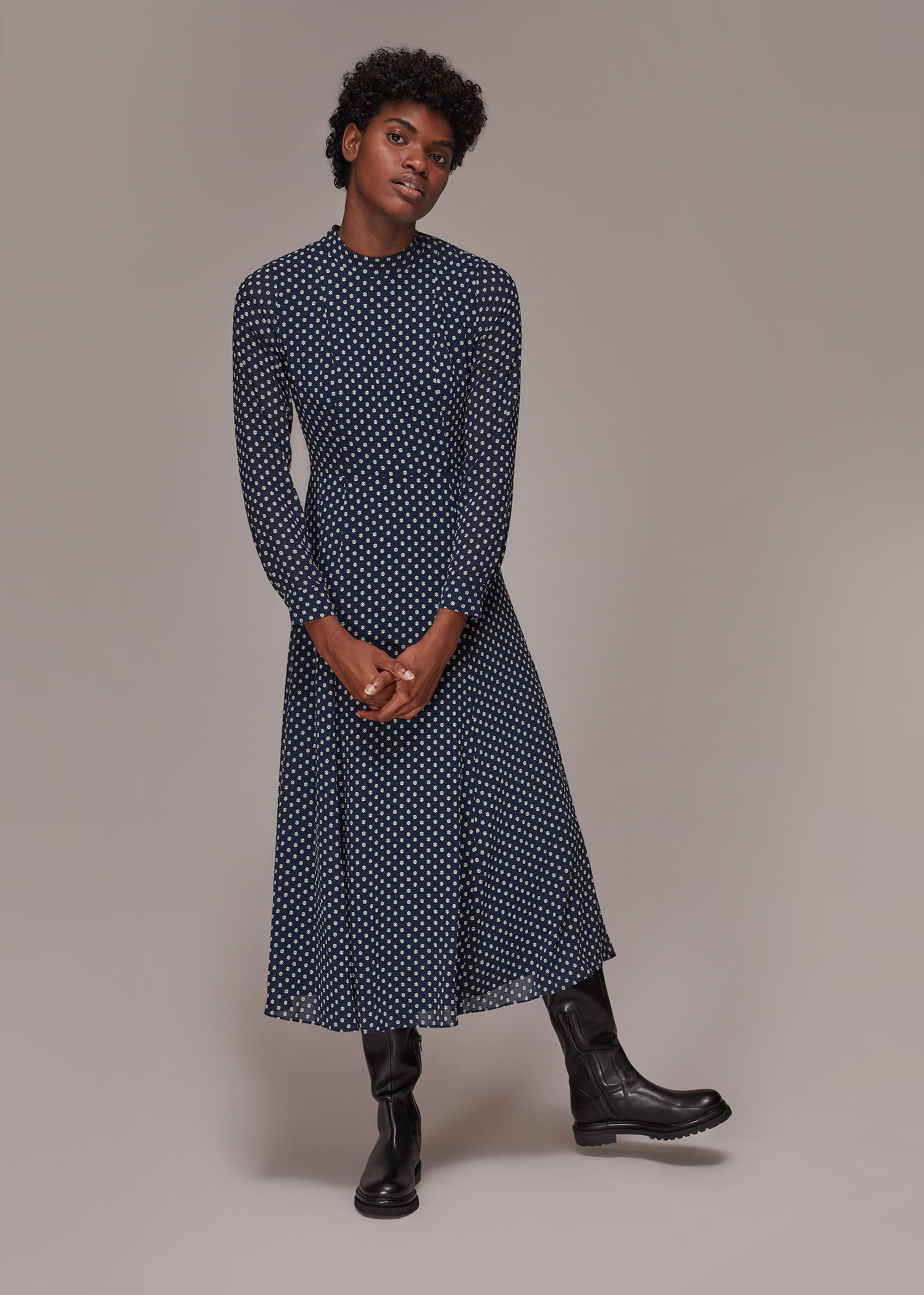 Whistles Women's Navy/Multi Dobby High Neck Dress Size 6