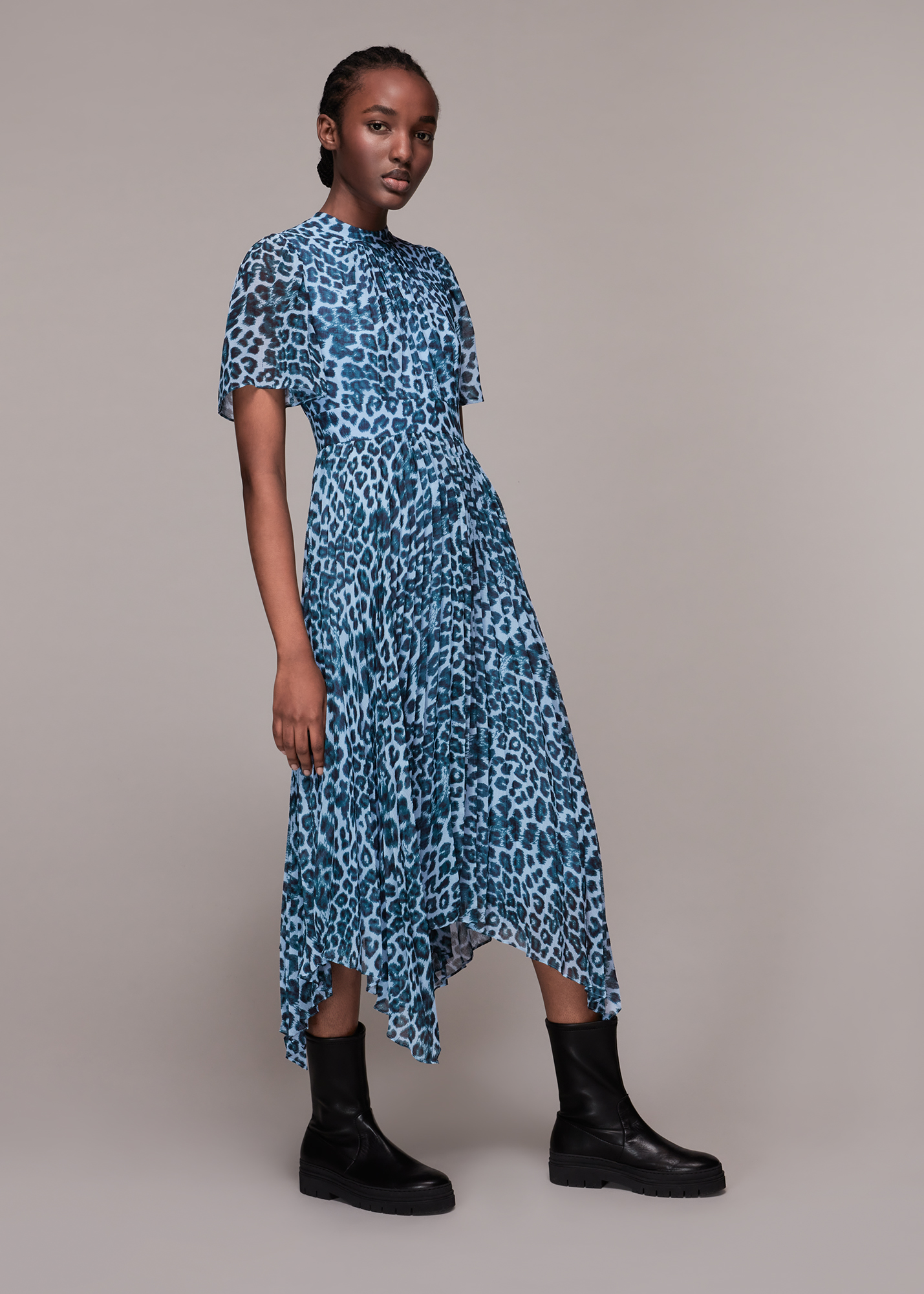 Whistles Women's Blue/Multi Jungle Cheetah Pleated Dress Size 4