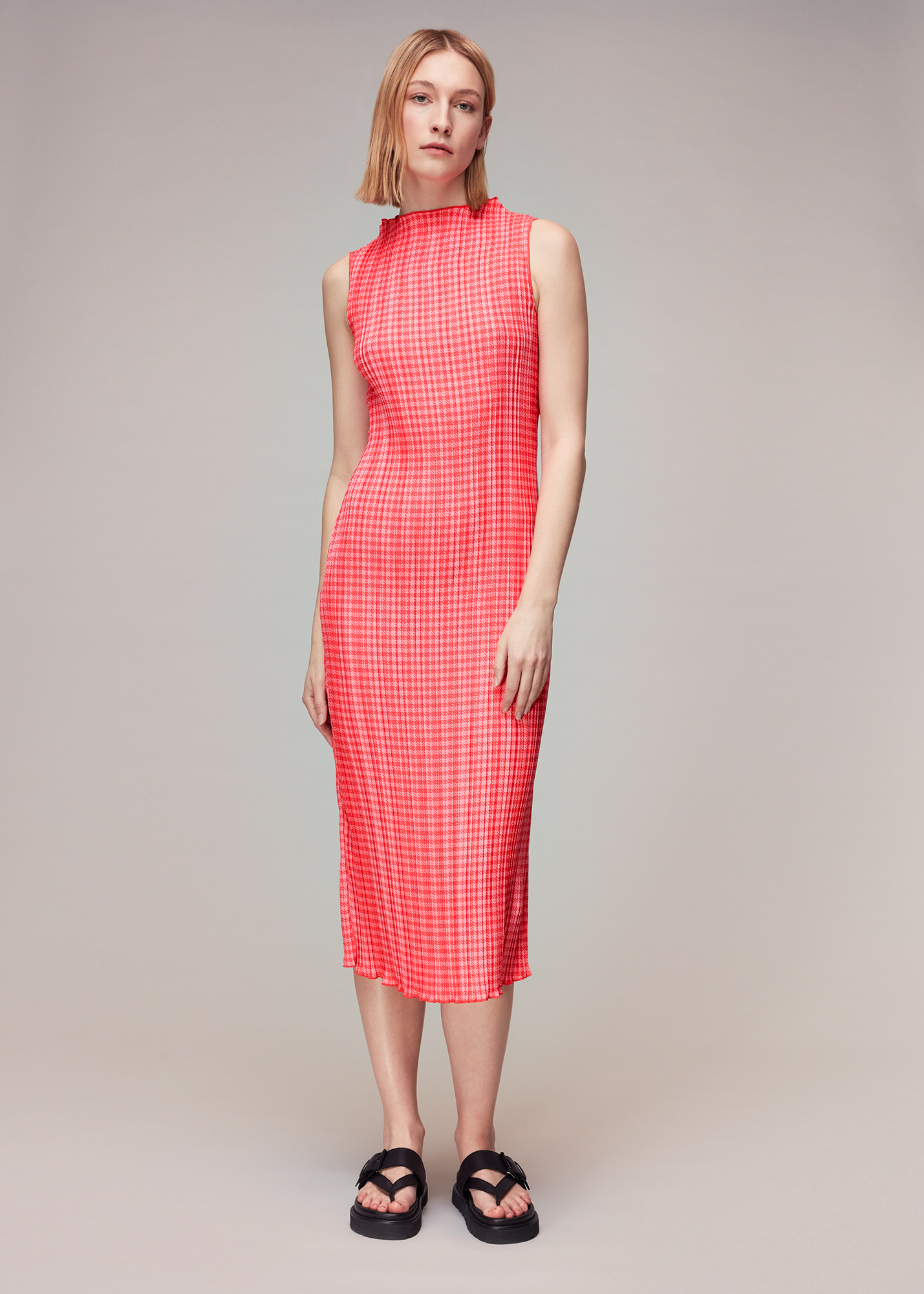 Whistles Women's Pink/Multi Houndstooth Plisse Midi Dress Size 14