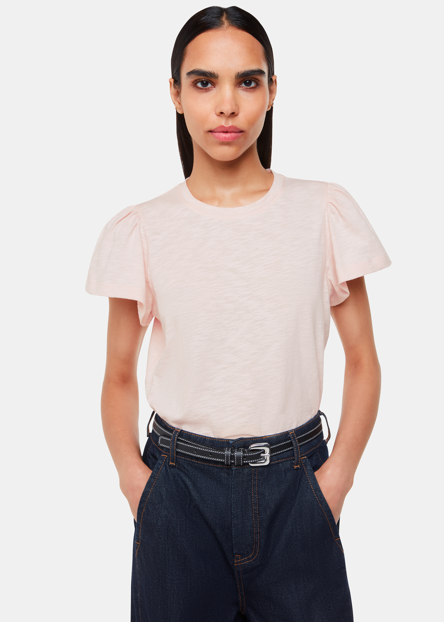 Whistles Women's Pale Pink Cotton Frill Sleeve T-Shirt Size L