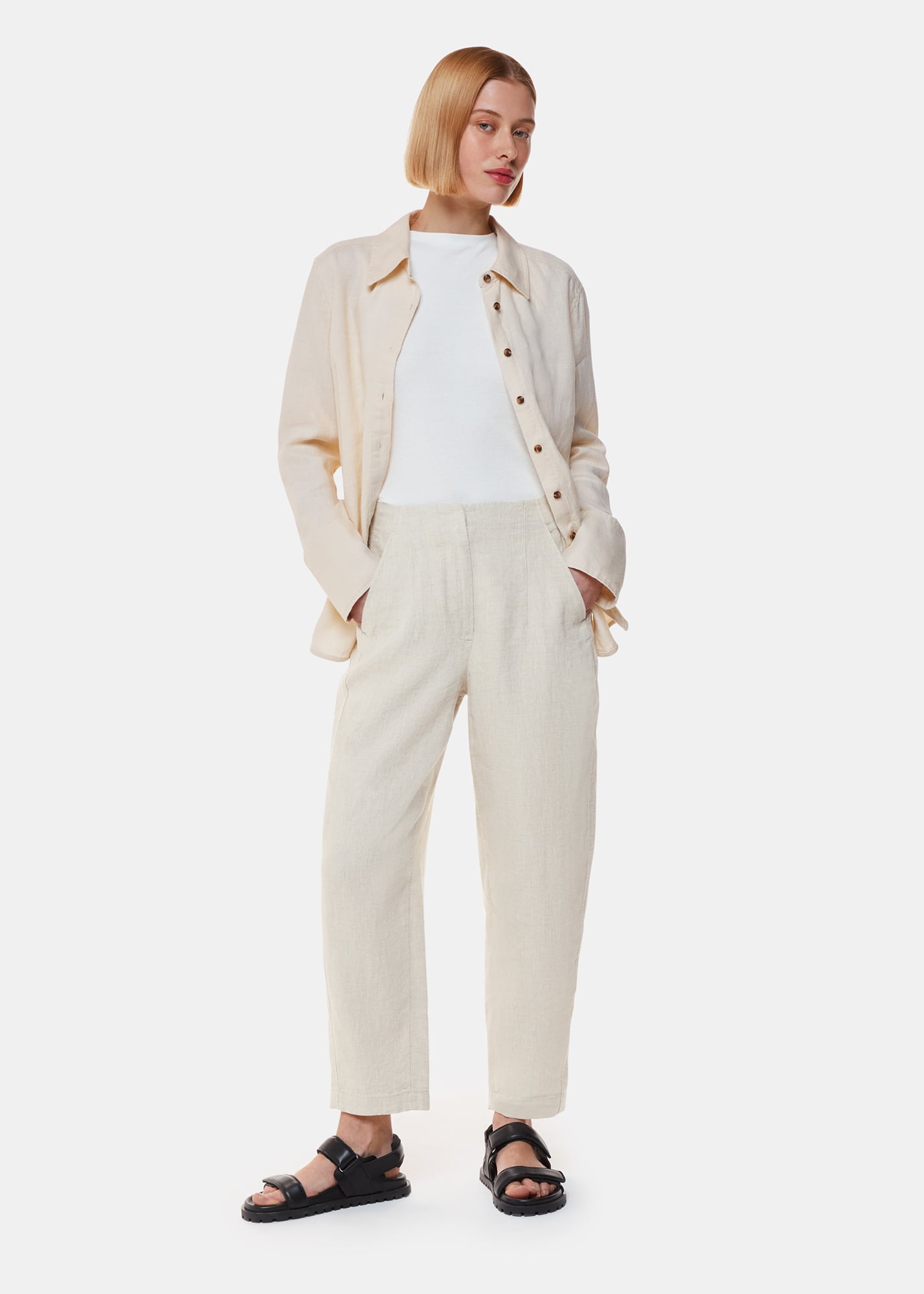 Whistles Women's Oatmeal Linen Barrel Leg Trouser Size 18