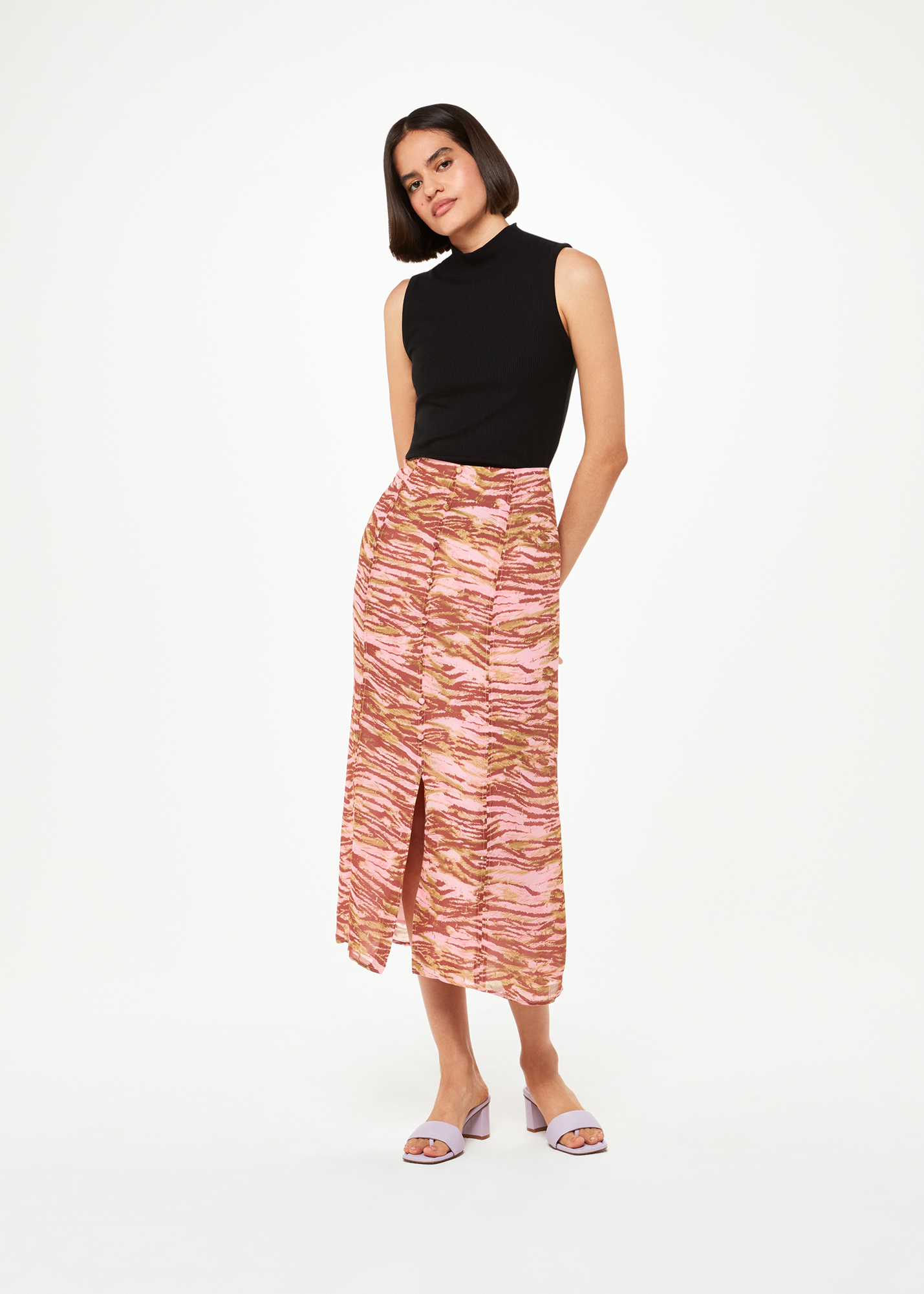 Whistles Women's Pink/Multi Clouded Tiger Button Skirt Size 16