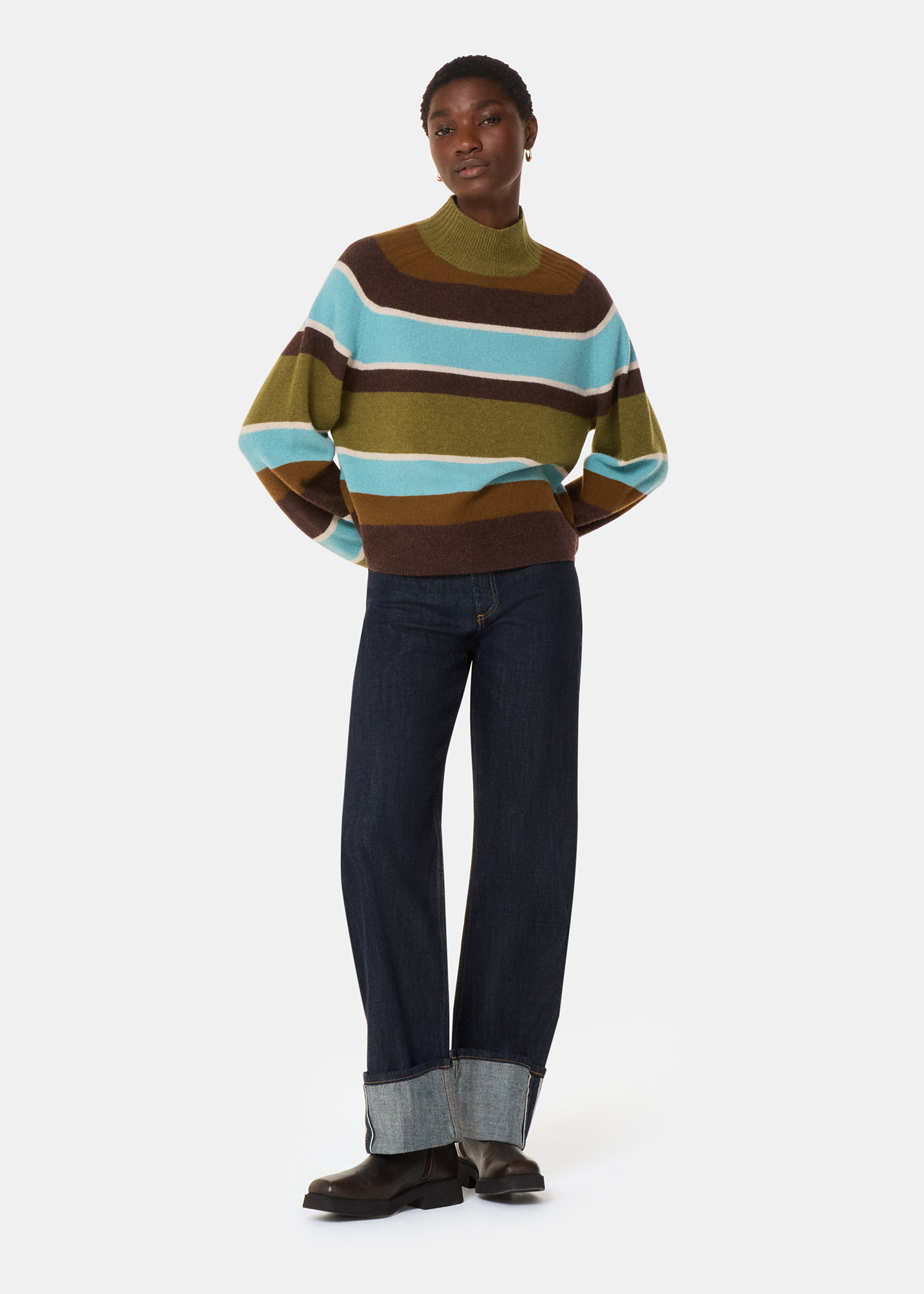 Whistles Women's Multicolour Wool Stripe Funnel Neck Knit Size M