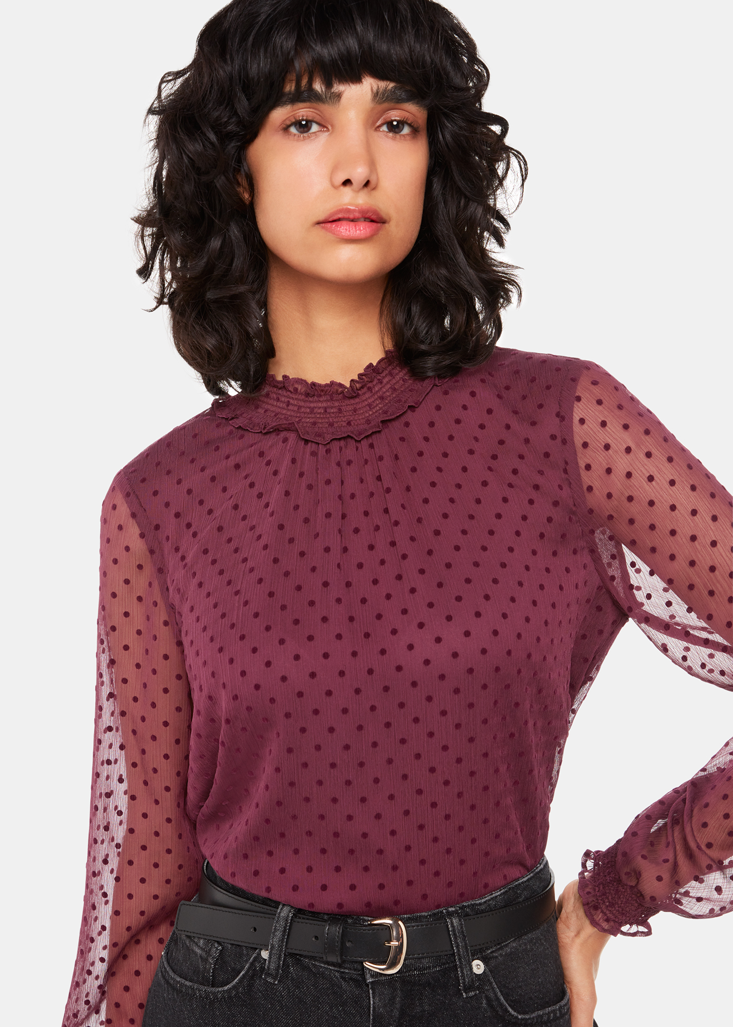 Whistles Women's Burgundy Dobby Velvet Shirred Top Size 8