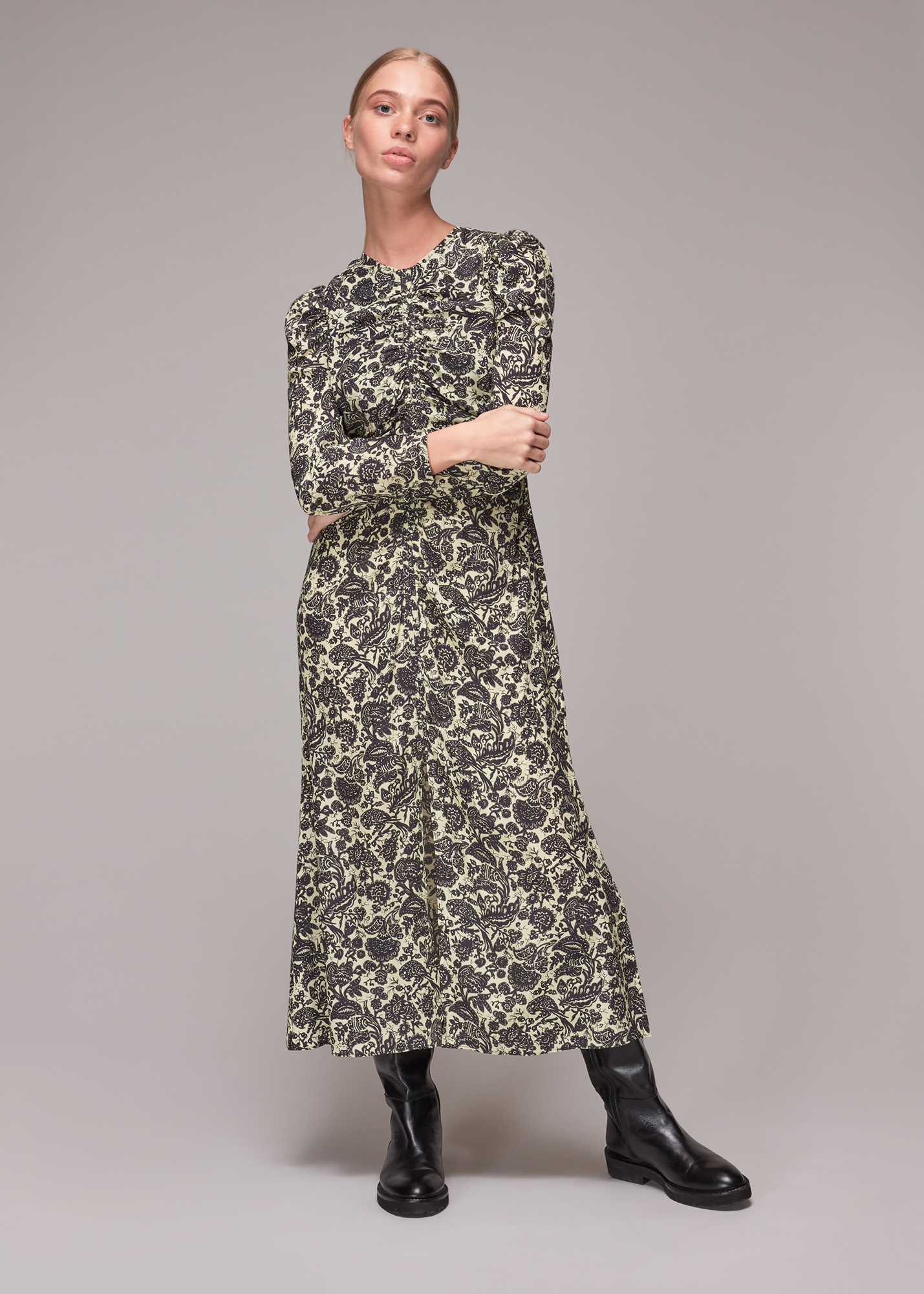 Whistles Women's Multicolour Folk Floral Silk Ruched Dress Size 12