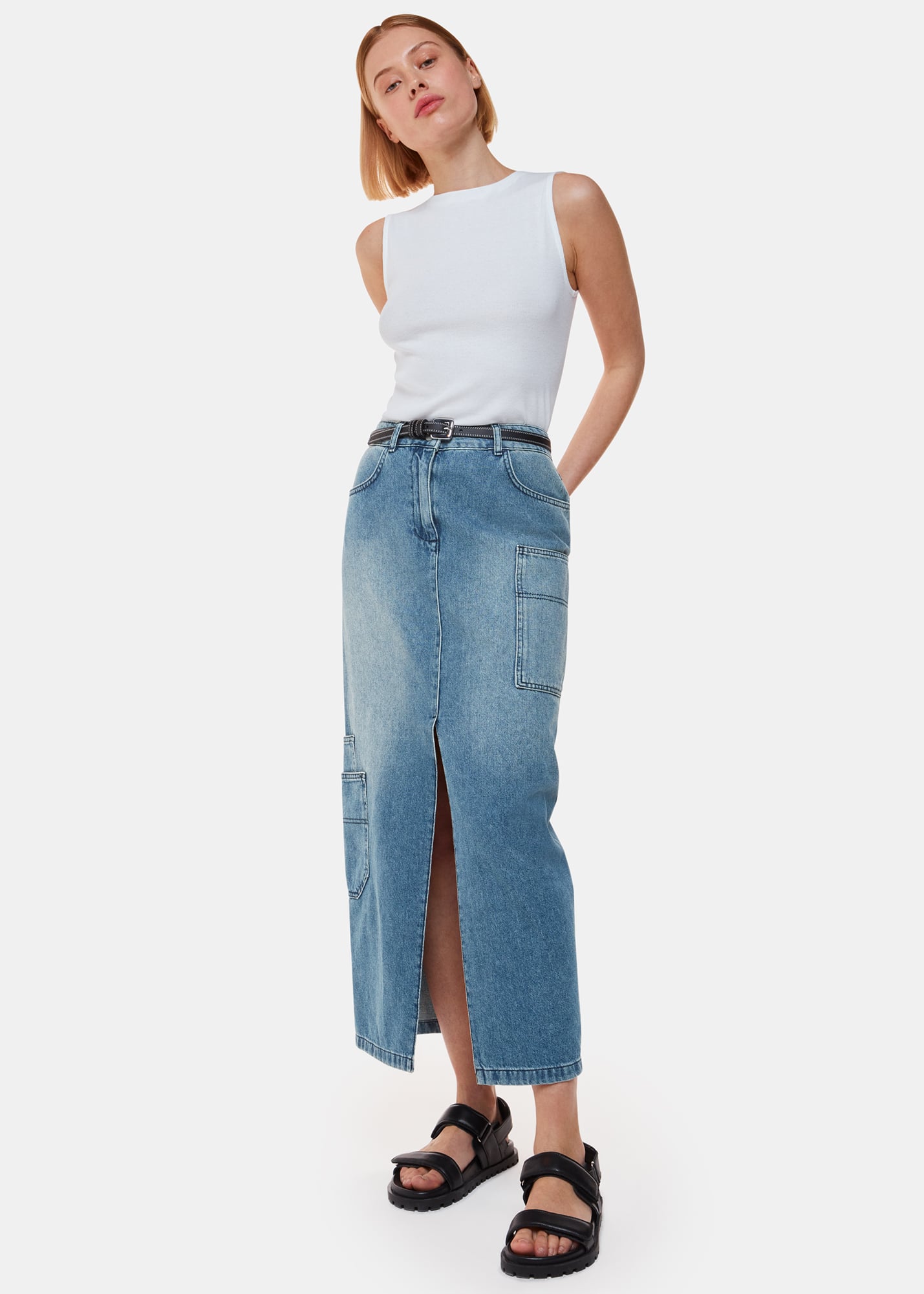 Whistles Women's Denim Cora Utility Maxi Skirt Size 18
