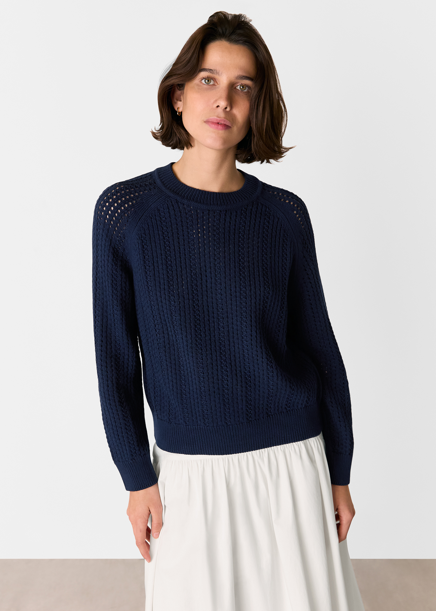 Whistles Women's Navy Pointelle Crew Neck Knit Size XL