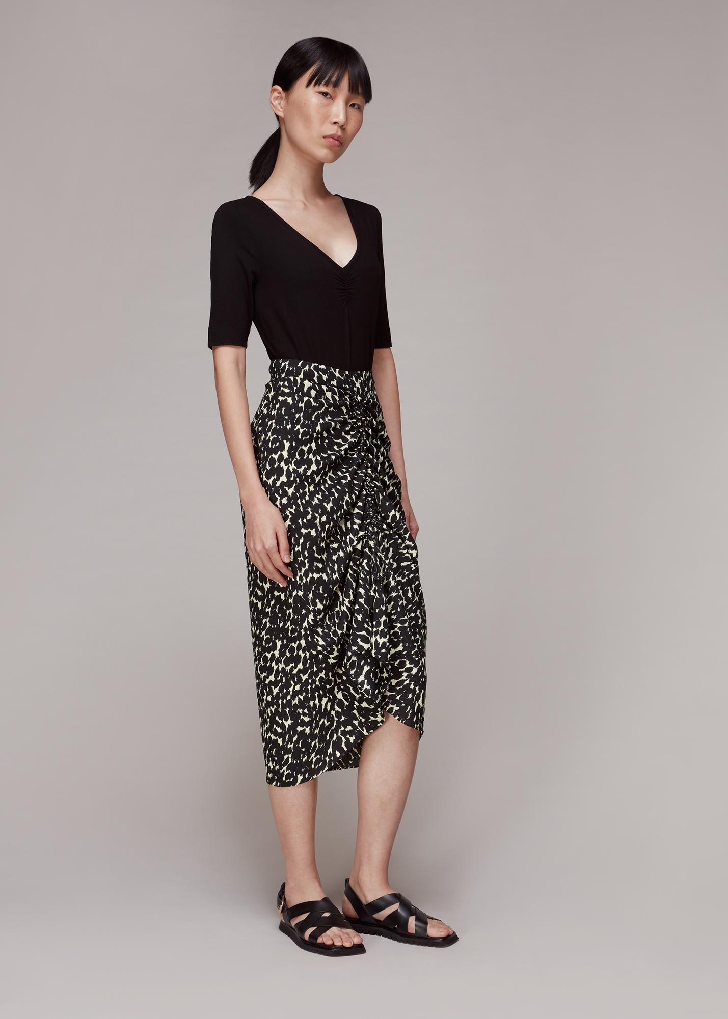 Whistles Women's Black/Multi Sahara Cat Ruched Skirt Size 18