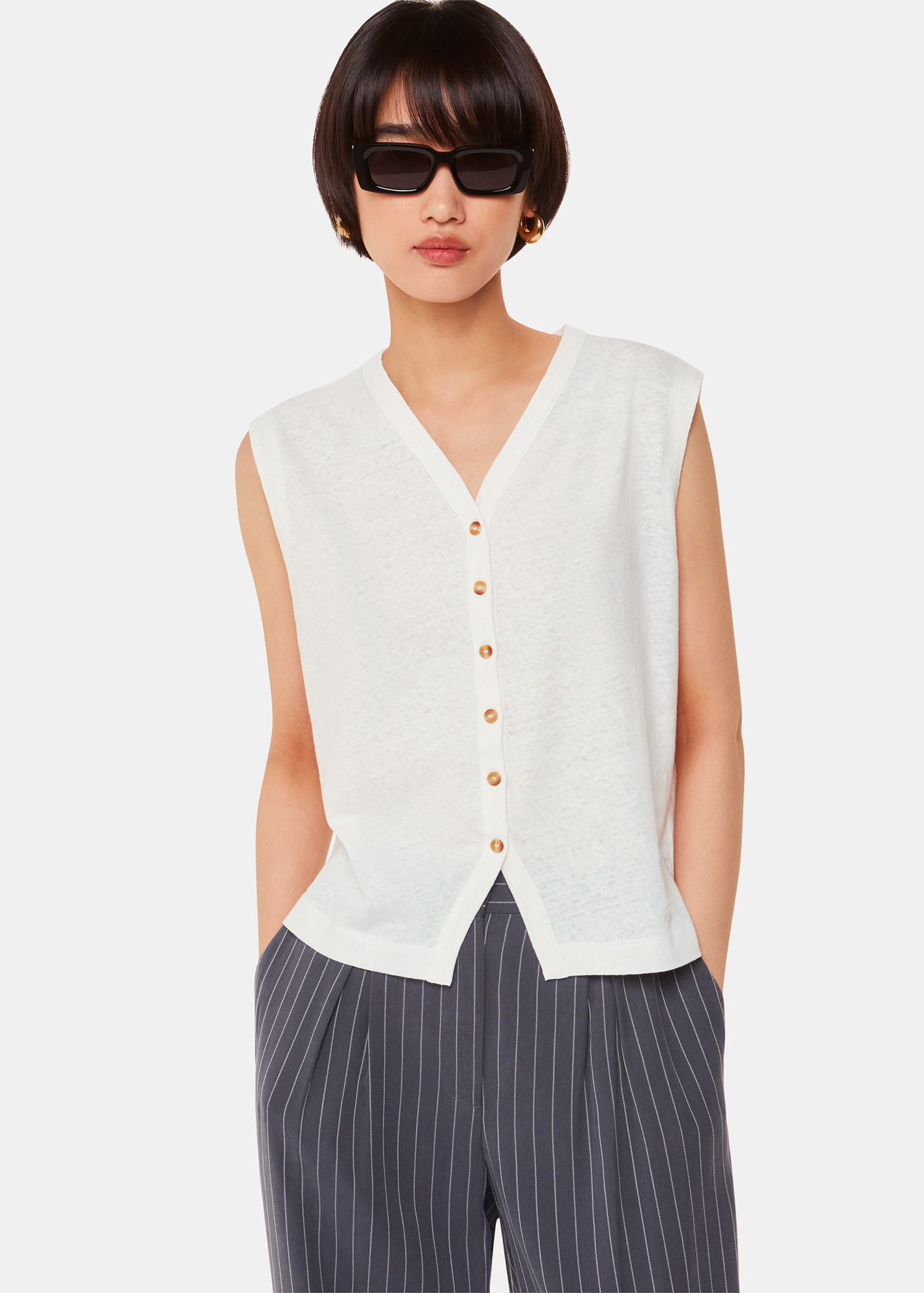 Whistles Women's White Linen Button Front Tank Size XL