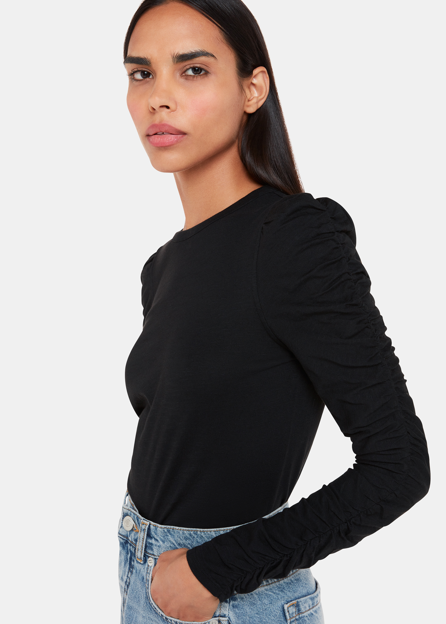 Whistles Women's Black Ruched Sleeve Top Size 4
