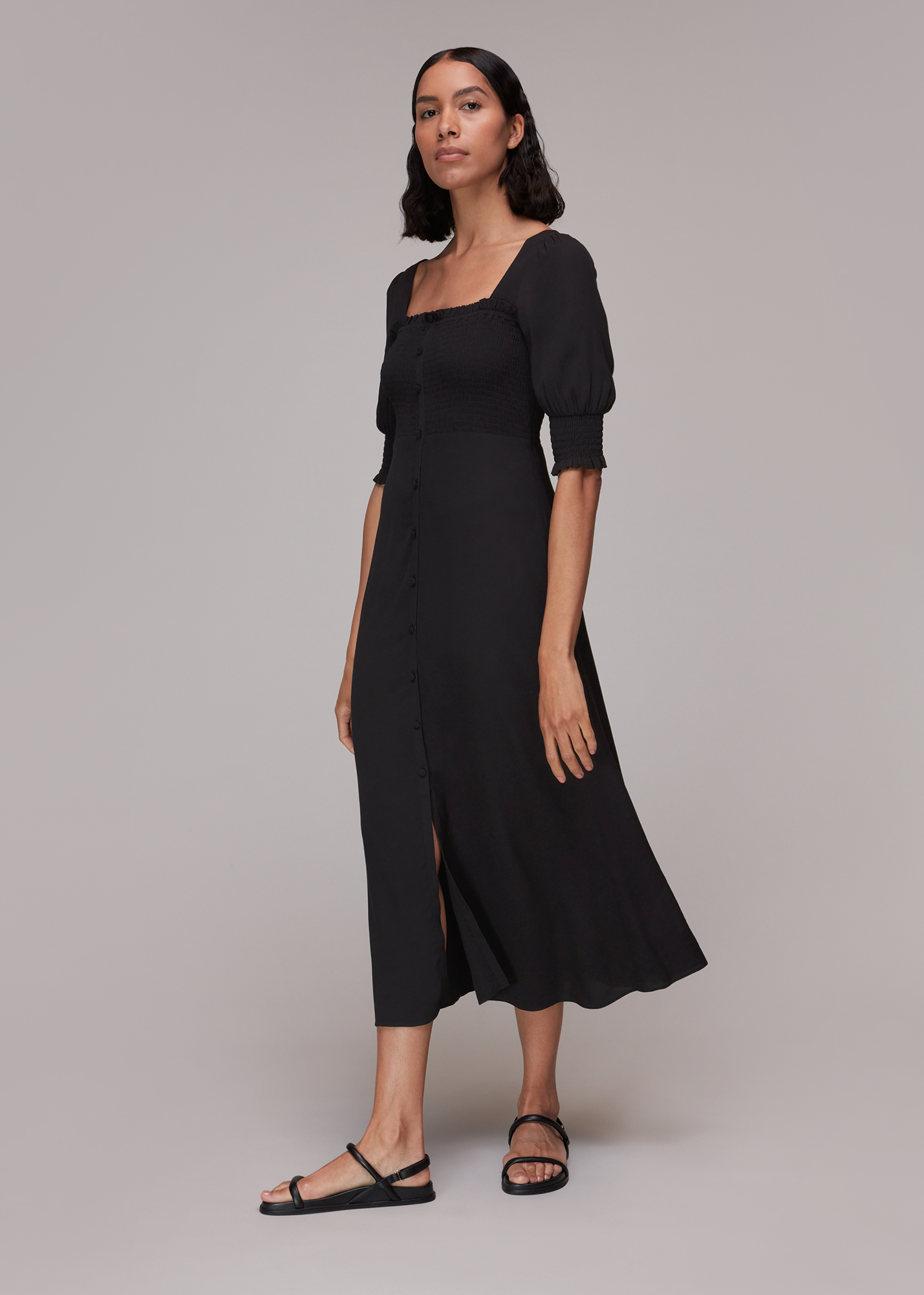 Whistles Women's Black Luna Shirred Bodice Midi Dress Size 18