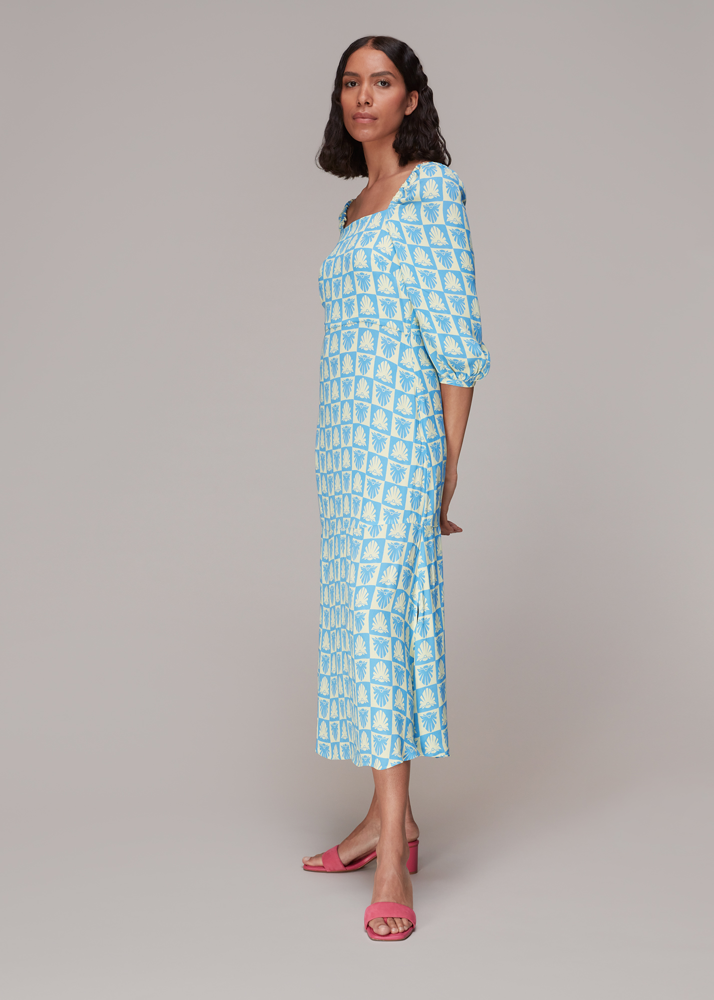 Whistles Women's Blue/Multi Checkerboard Shells Midi Dress Size 6