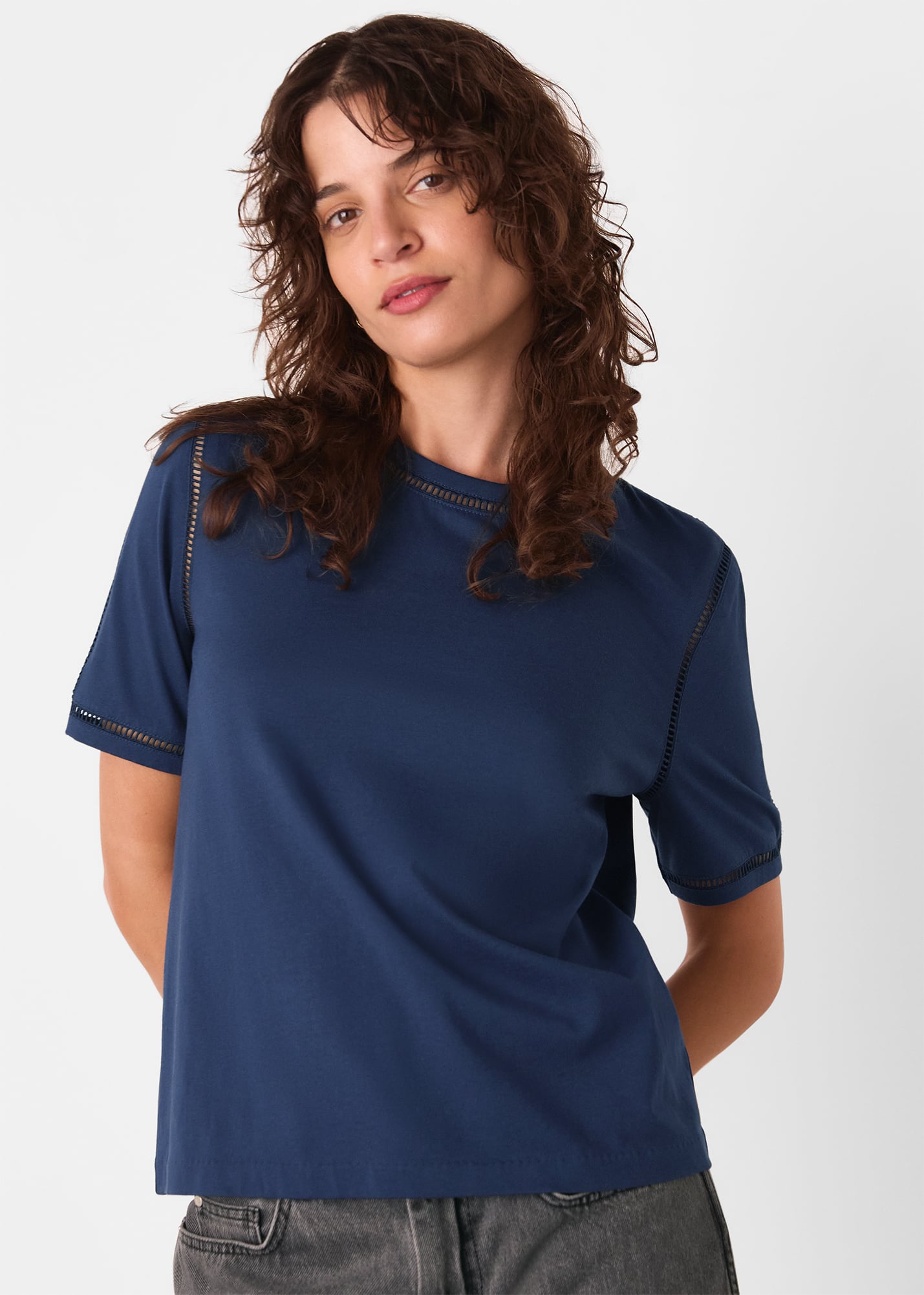 Whistles Women's Navy Broderie Trim Detail Tee Size M