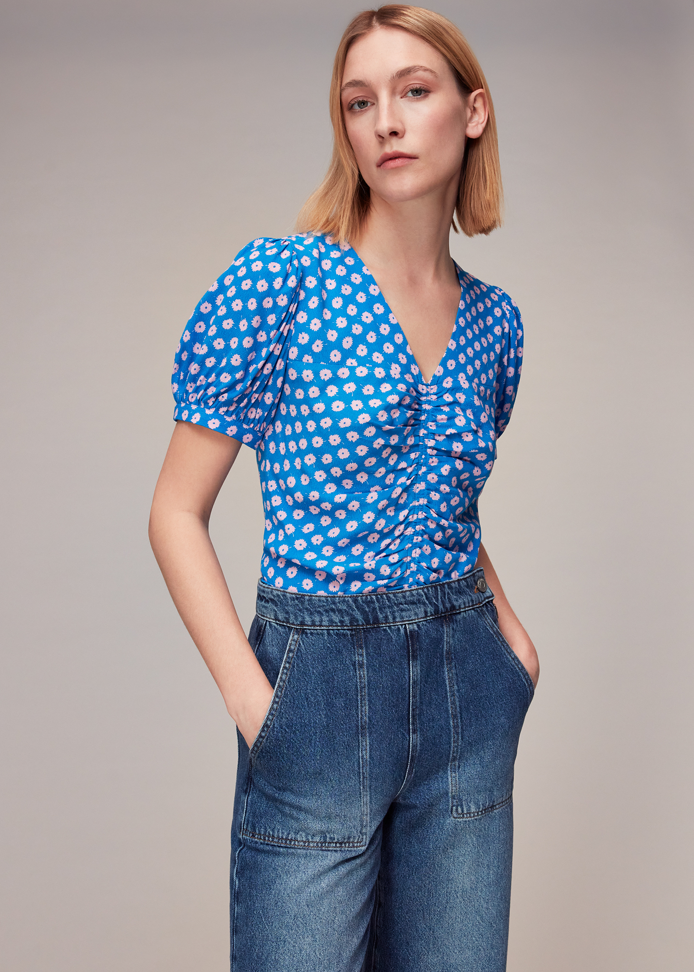 Whistles Women's Blue/Multi Floral Sunburst Blouse Size 20