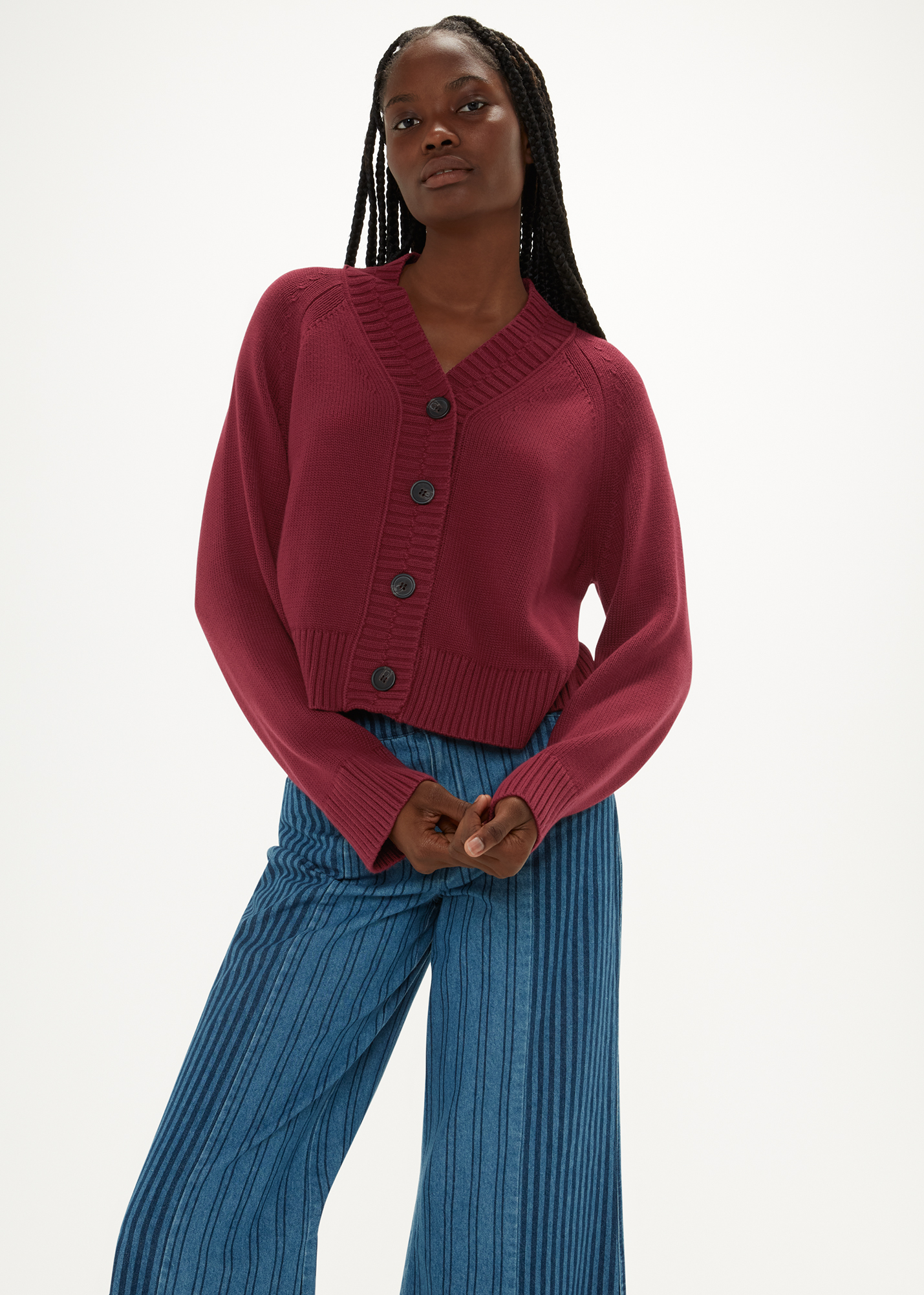 Whistles Women's Burgundy Ribbed Detail Cotton Cardigan Size M