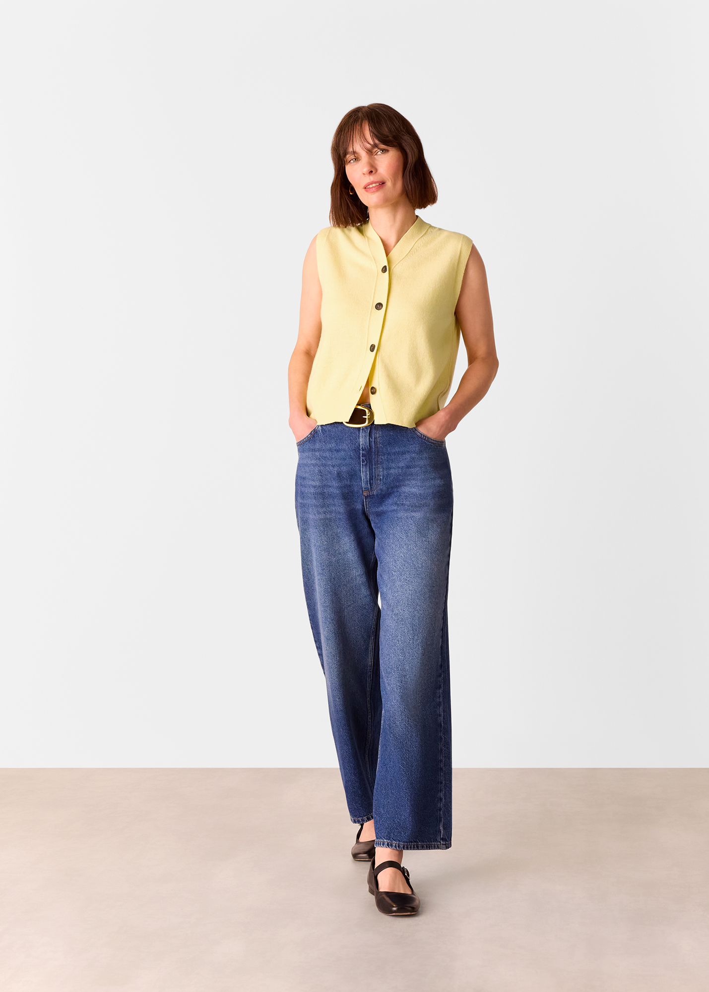 Whistles Women's Yellow Wool V Neck Button Front Tank Size S