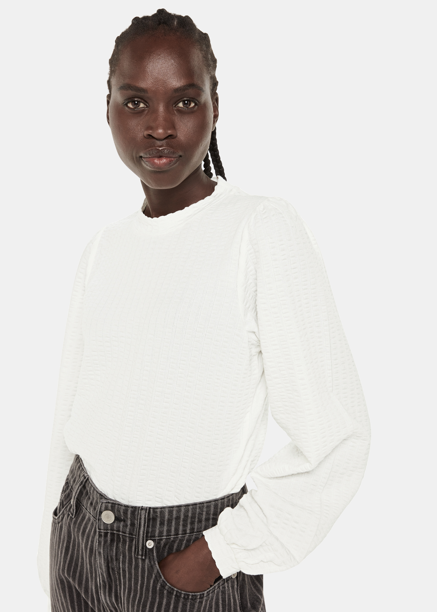 Whistles Women's White Textured Puff Sleeve Crew Neck Size XS