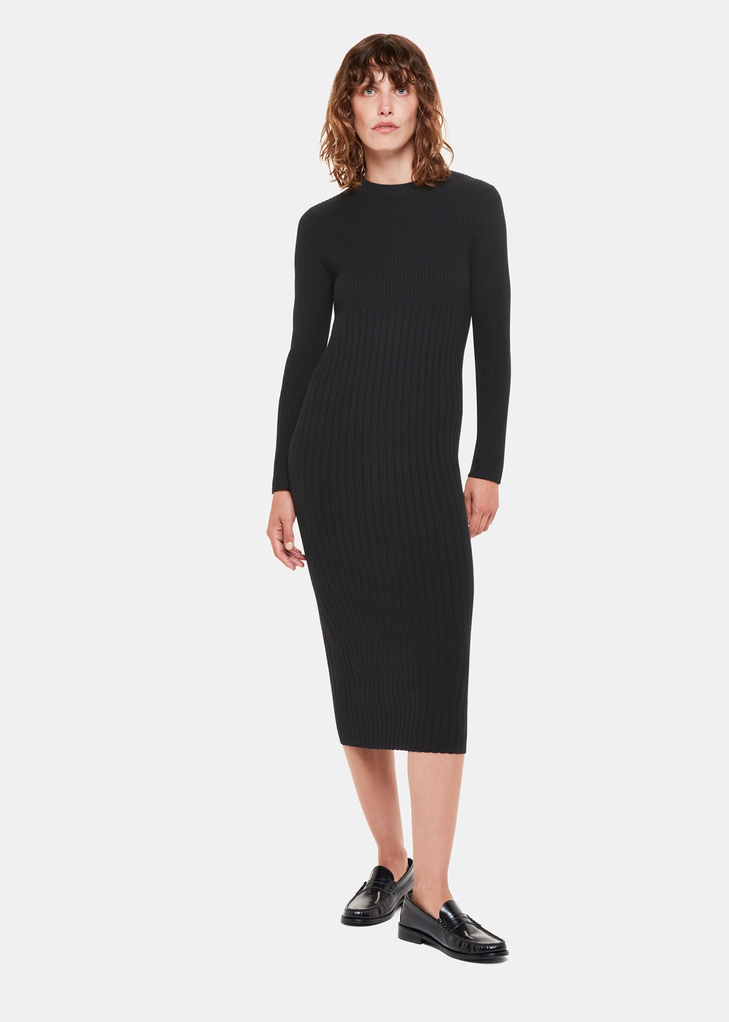 Whistles Women's Black Ribbed Knitted Midi Dress Size 18