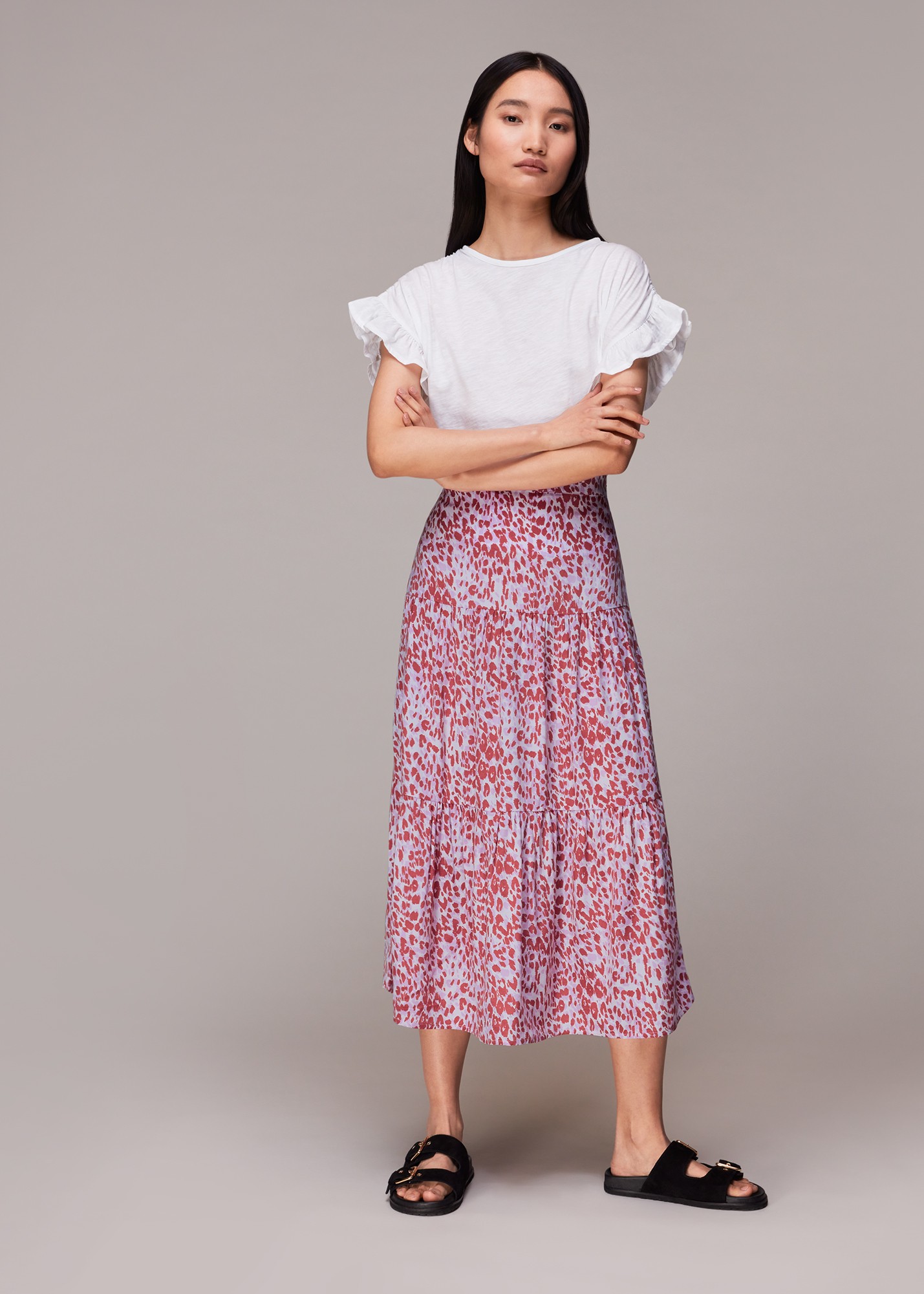 Whistles Women's Pink/Multi Summer Cheetah Tiered Skirt Size 16