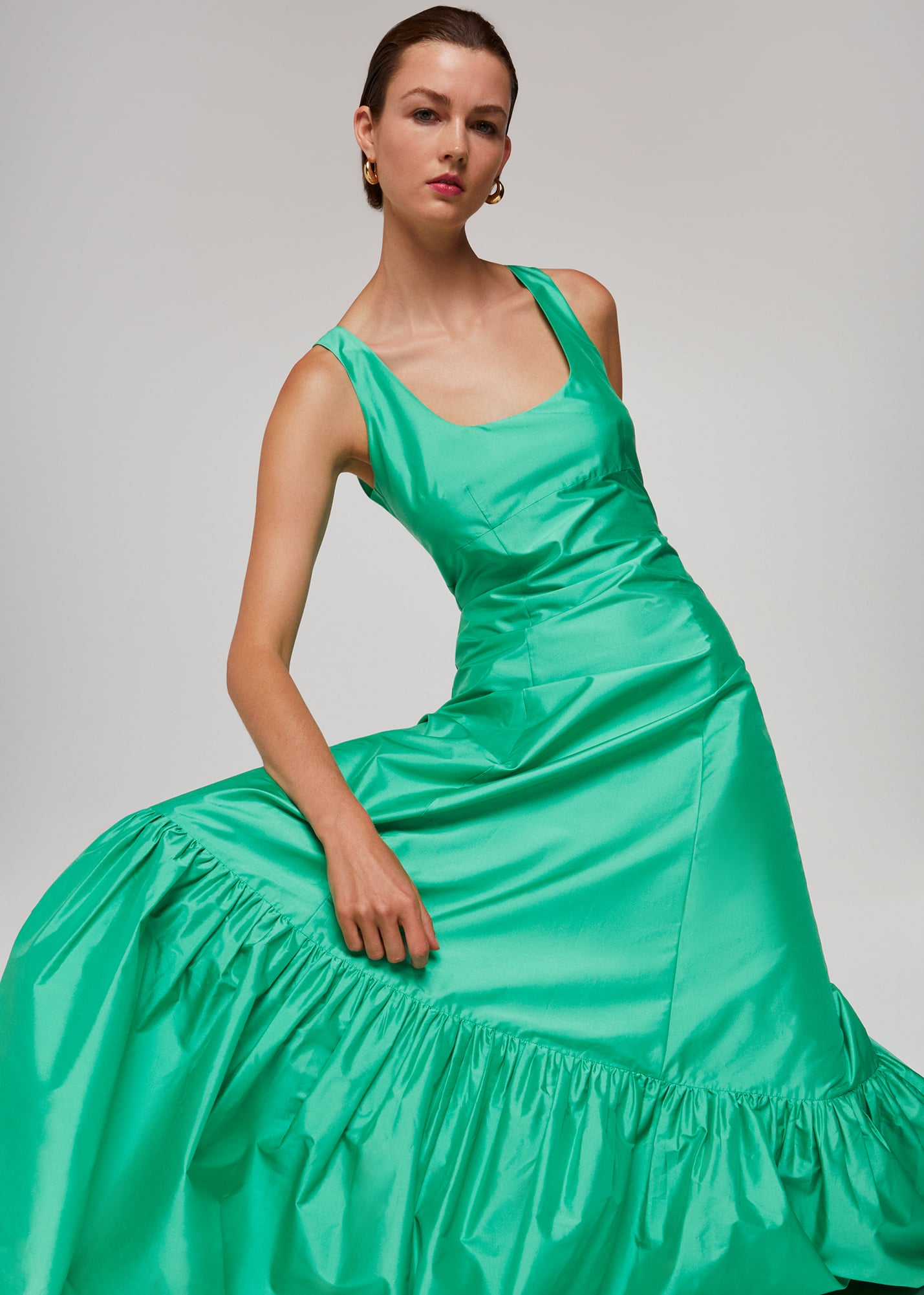 Whistles Women's Green Taffeta Silk Blend Maxi Dress Size 12
