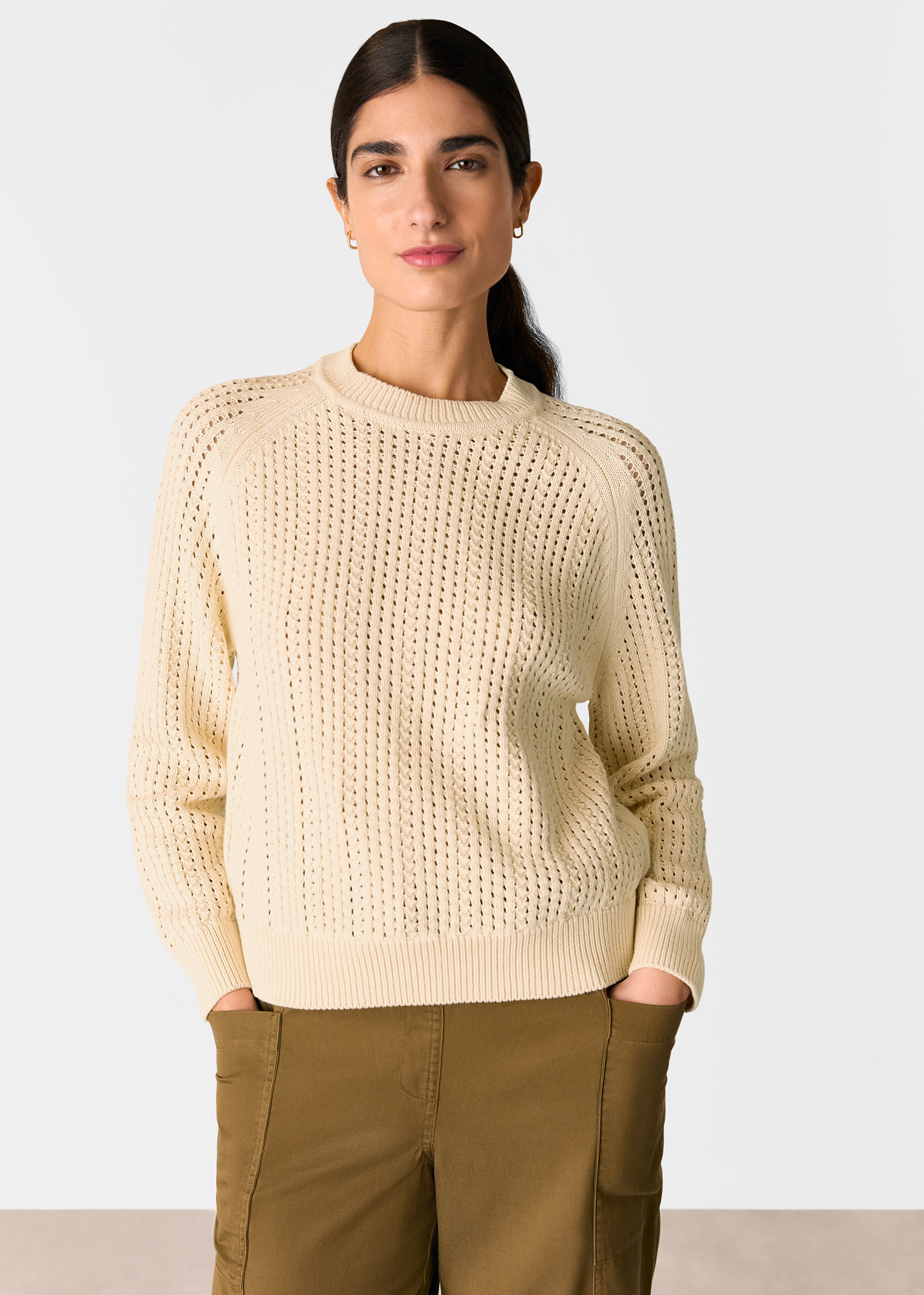 Whistles Women's Ivory Pointelle Crew Neck Knit Size XL
