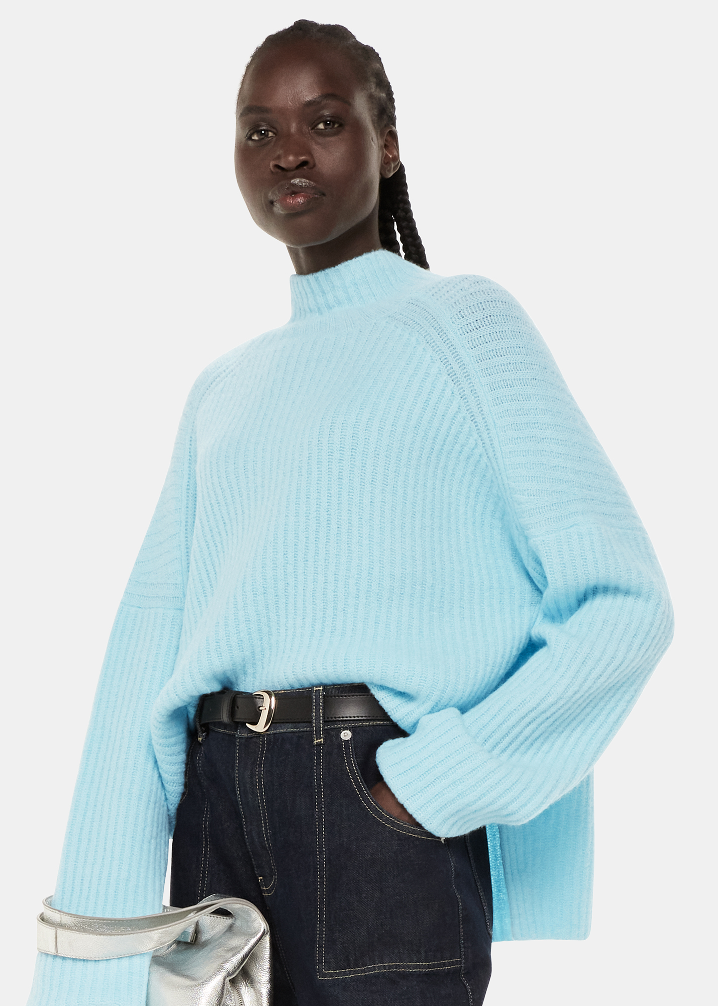 Whistles Women's Pale Blue Wool Mix Rib Funnel Neck Size XS