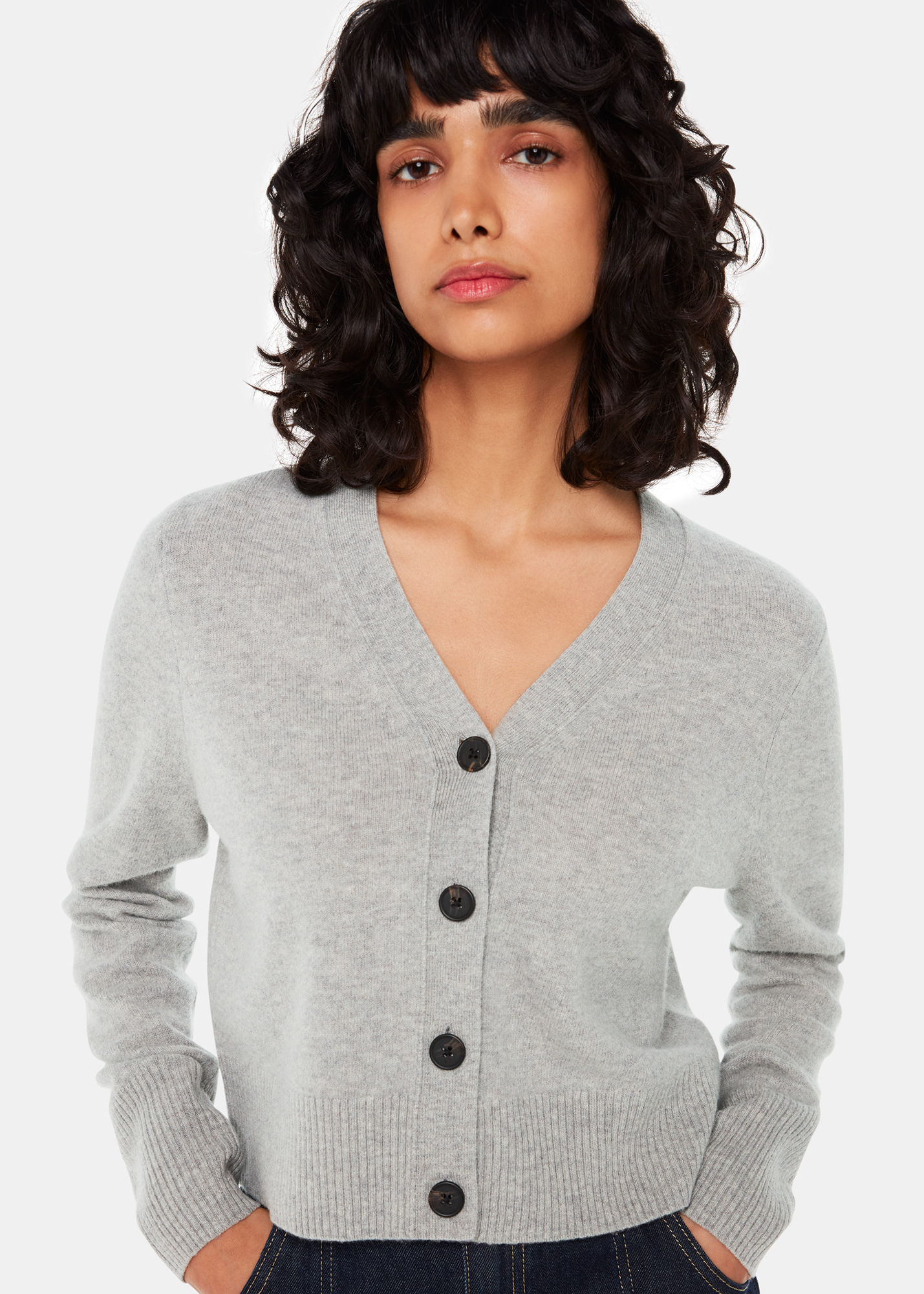 Whistles Women's Grey Wool Cropped V Neck Cardigan Size L