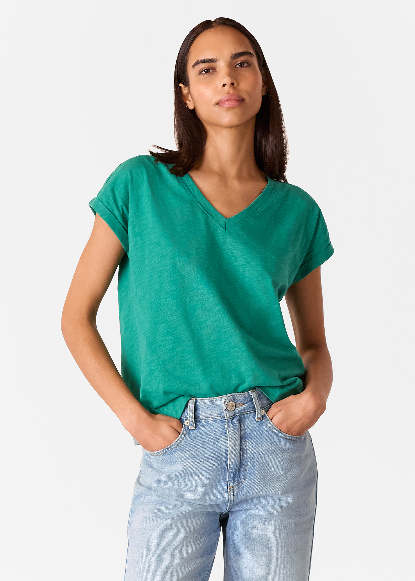 Whistles Women's Green Willa V Neck Cap Sleeve Tee Size L