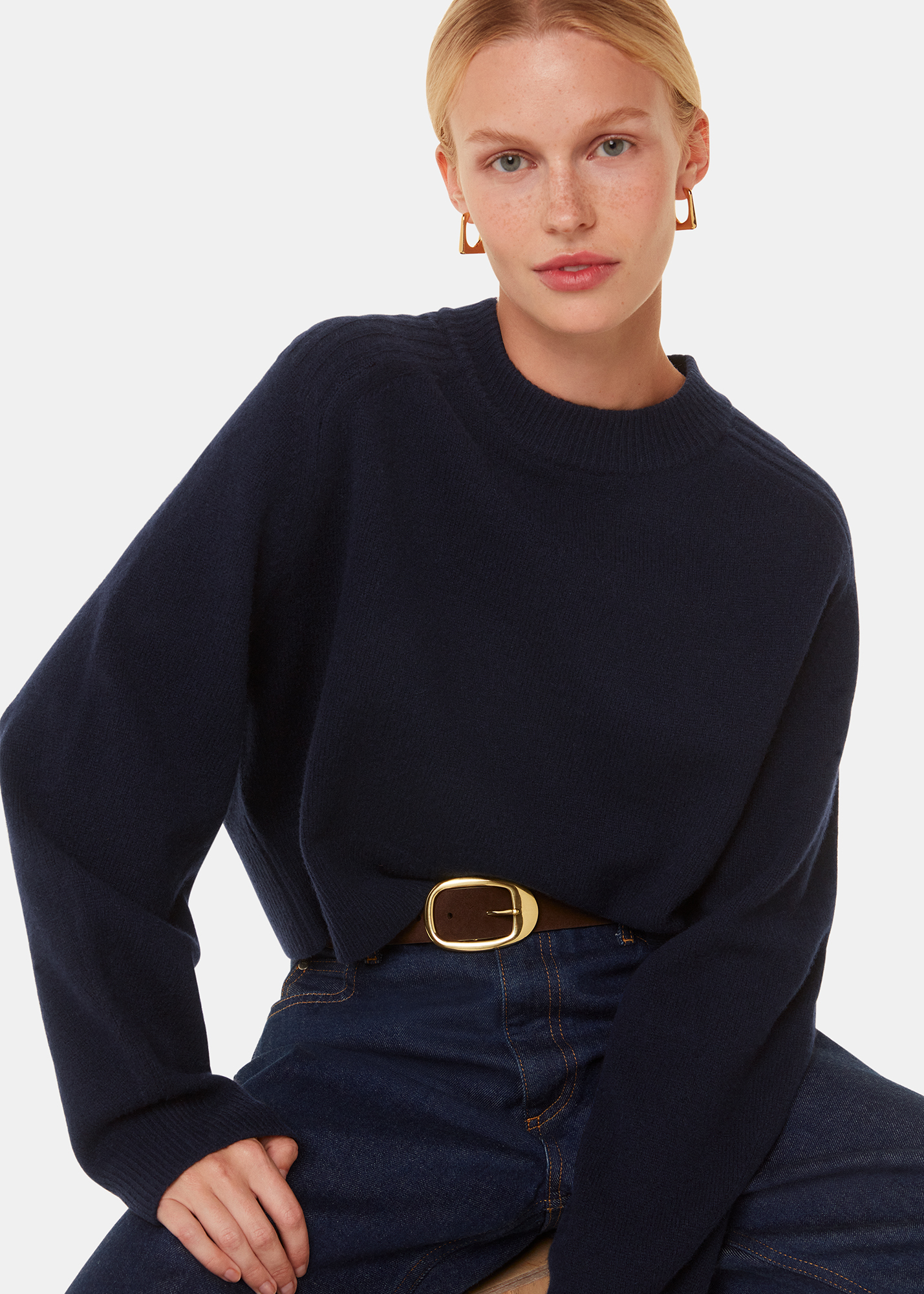 Whistles Women's Navy Wool Crop Relaxed Knit Size XL