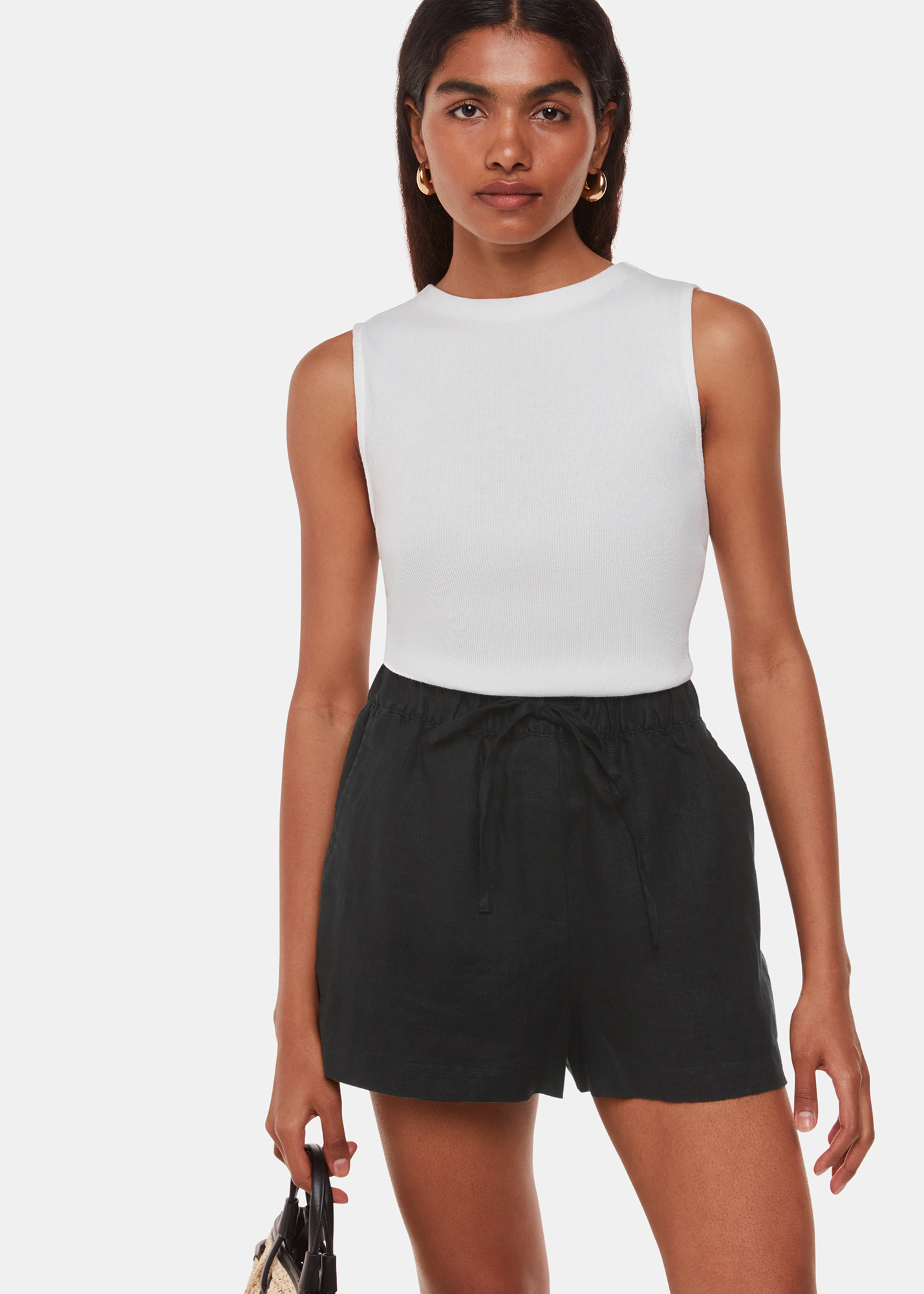Whistles Women's Black Petite Linen Elasticated Short Size 20